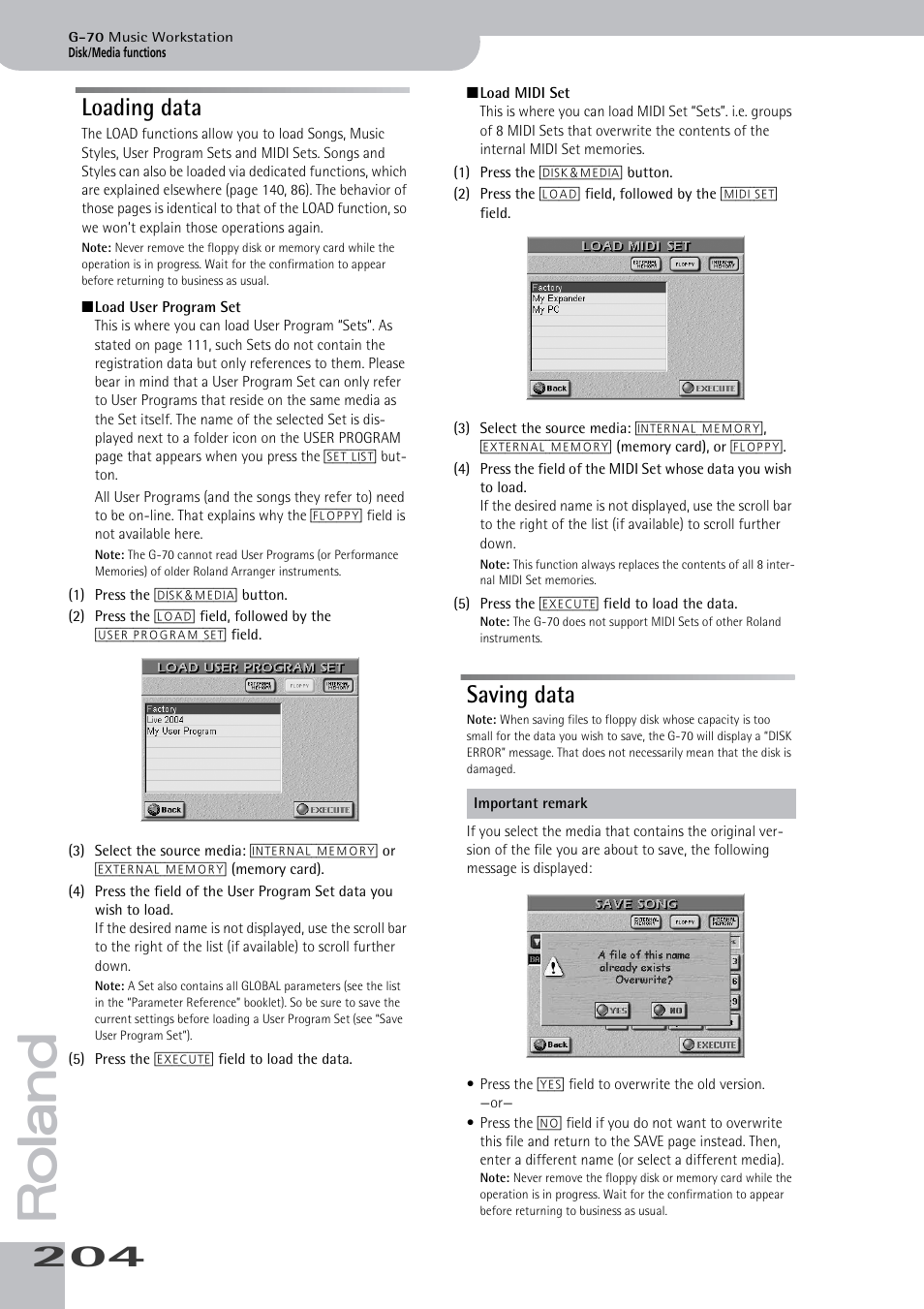 Loading data, Saving data, Loading data saving data | See p. 204) | Roland G-70 User Manual | Page 204 / 260