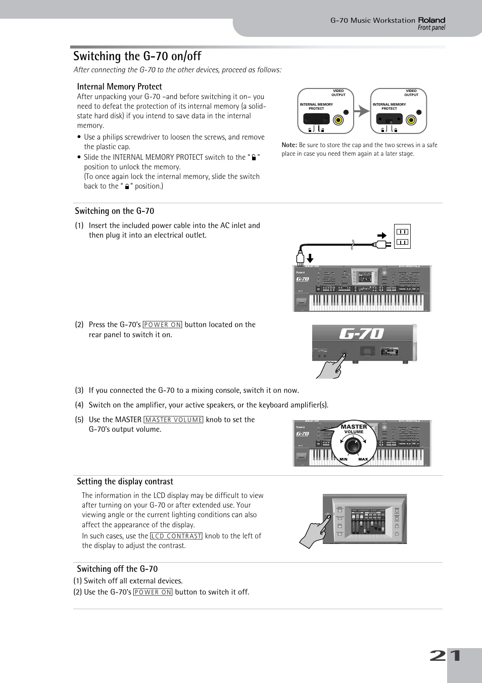 Switching the g70 on/off, Switching the g-70 on/off, Switching on the g-70 | Setting the display contrast, Switching off the g-70 | Roland G-70 User Manual | Page 21 / 260