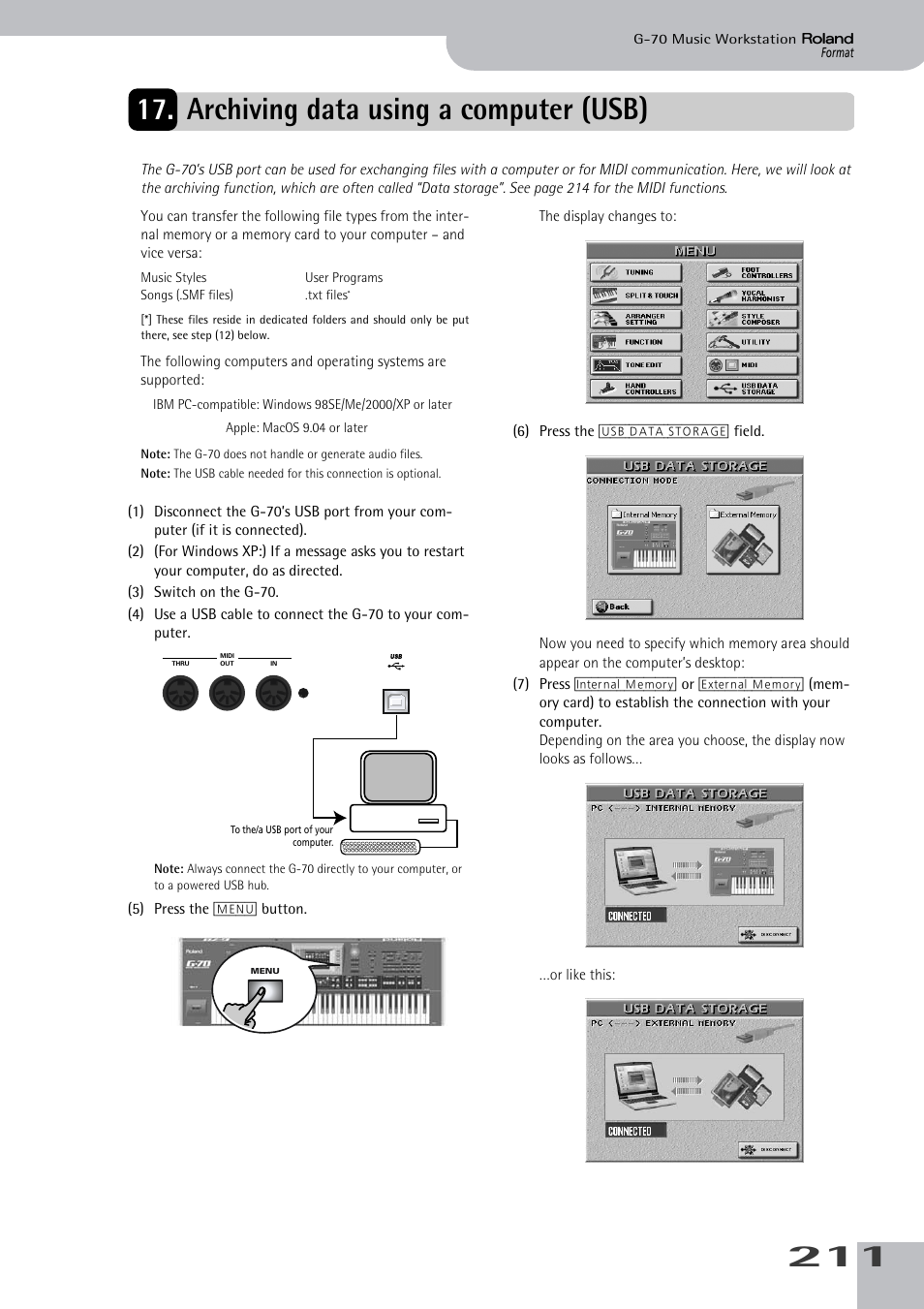 Archiving data using a computer (usb), G-70 via usb (see p. 211), See p. 211) when you need to copy from a memory | Roland G-70 User Manual | Page 211 / 260