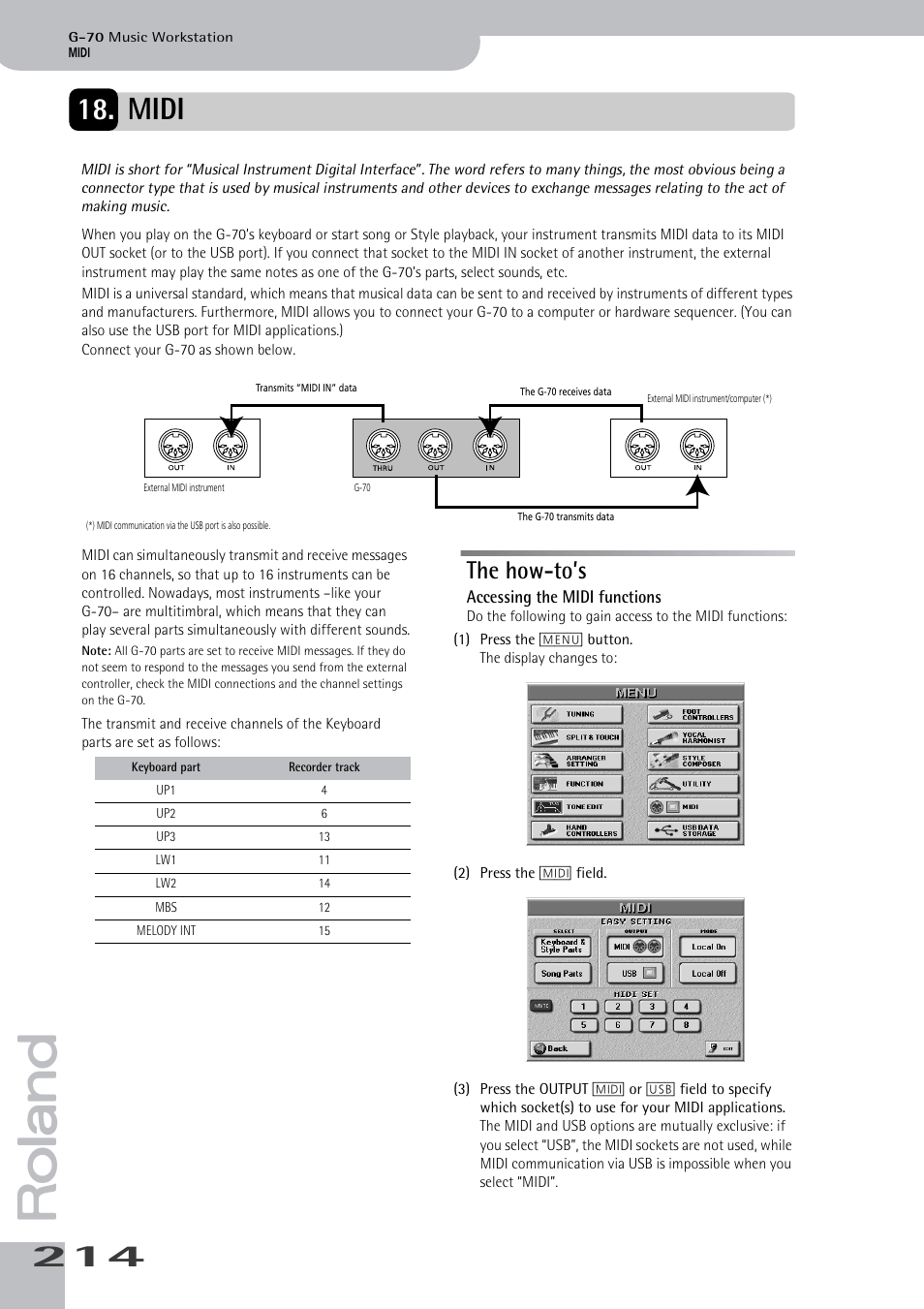 Midi, The how-to’s, Accessing the midi functions | Roland G-70 User Manual | Page 214 / 260