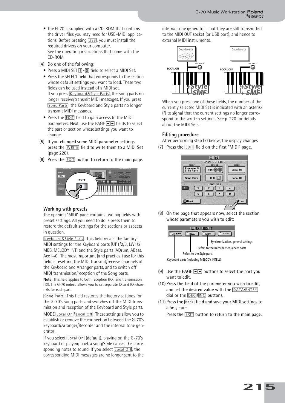 Working with presets editing procedure, Style + smf +style + smf +style + smf +style + smf | Roland G-70 User Manual | Page 215 / 260