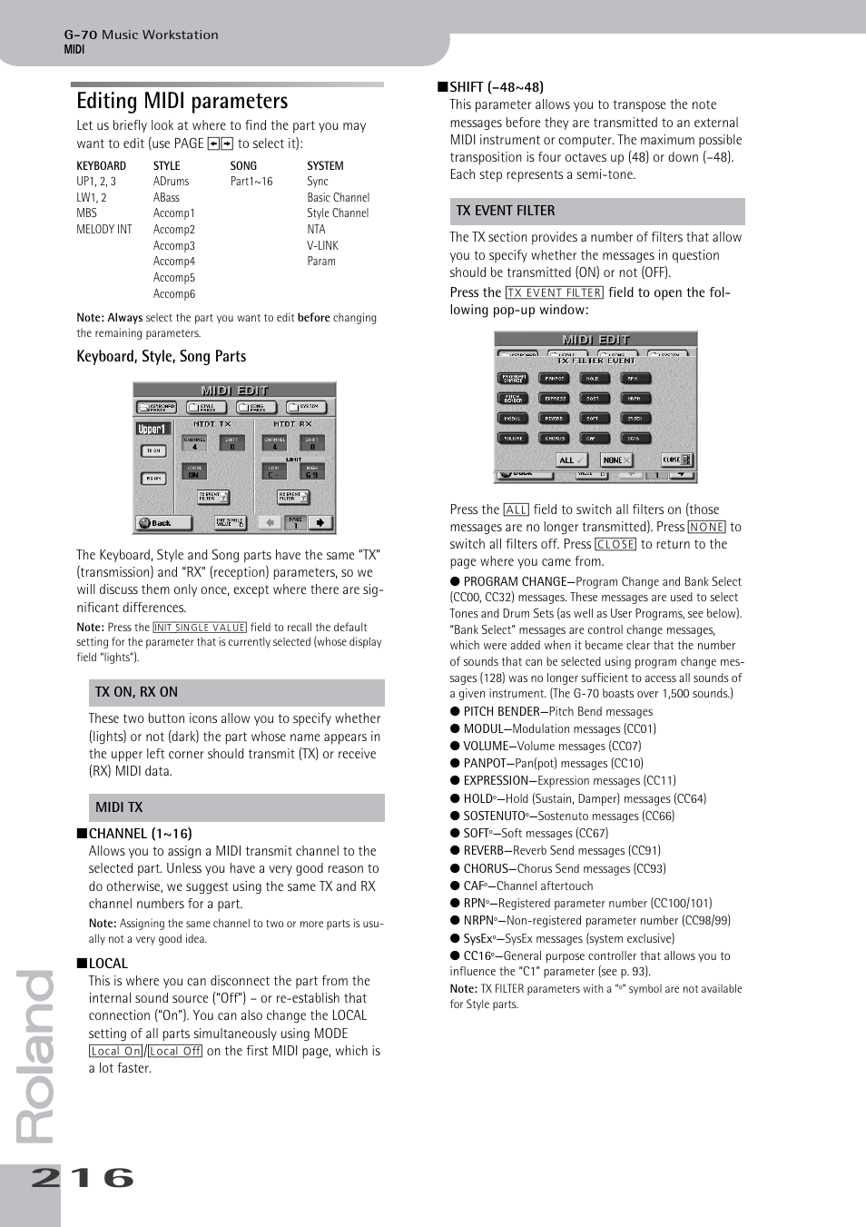 Editing midi parameters, Keyboard, style, song parts | Roland G-70 User Manual | Page 216 / 260