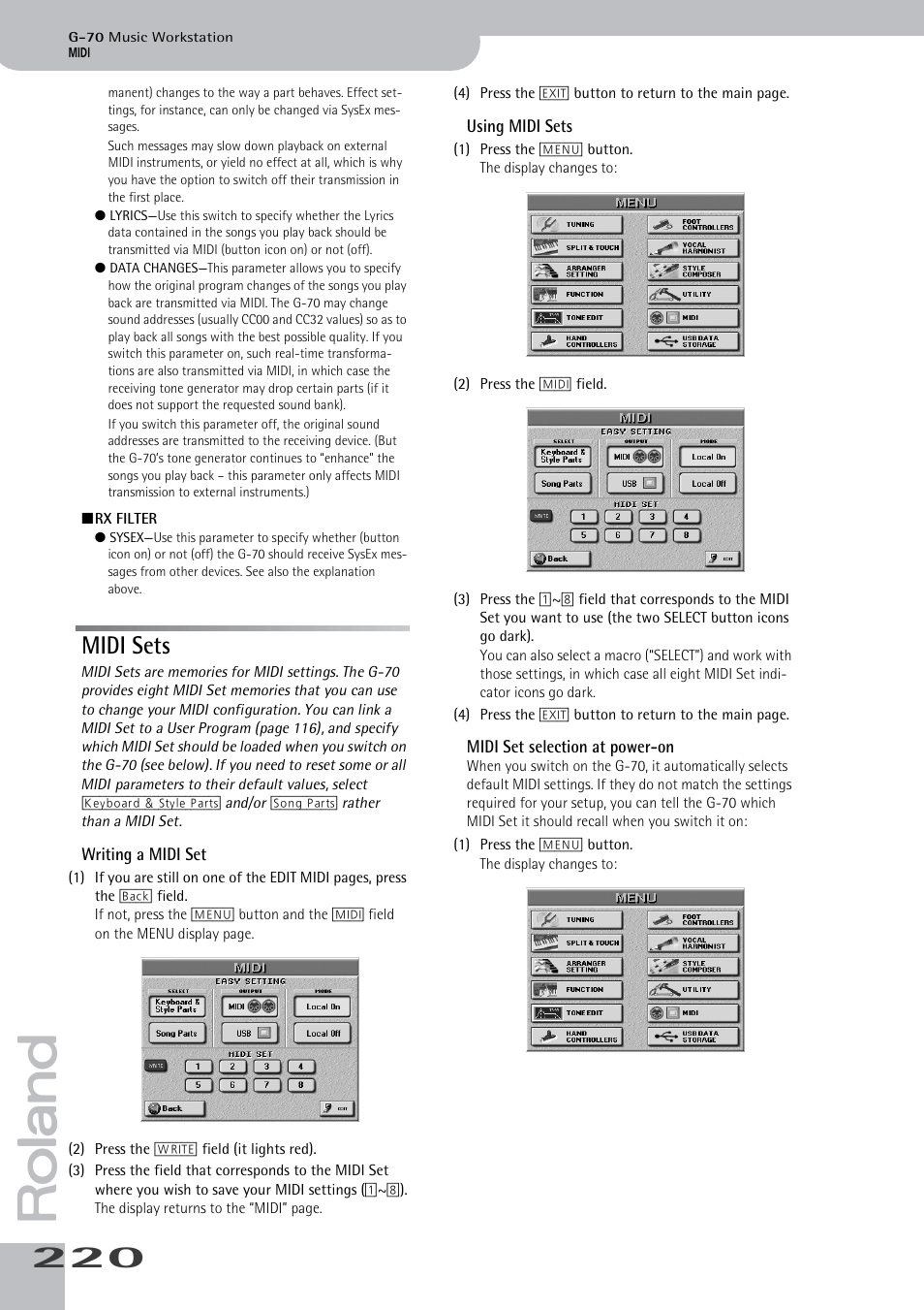 Midi sets | Roland G-70 User Manual | Page 220 / 260