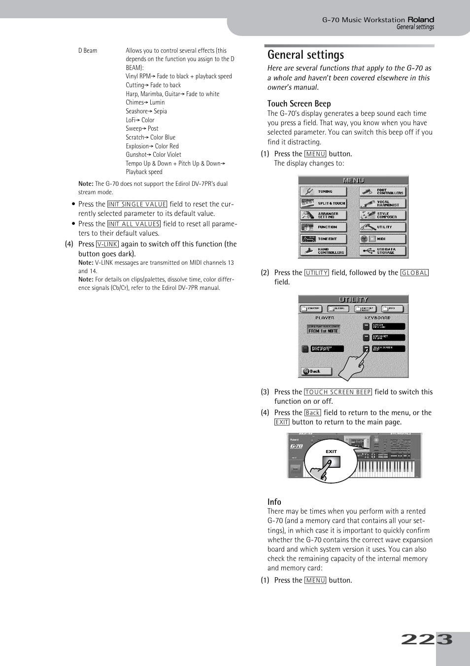 General settings, Touch screen beep info | Roland G-70 User Manual | Page 223 / 260