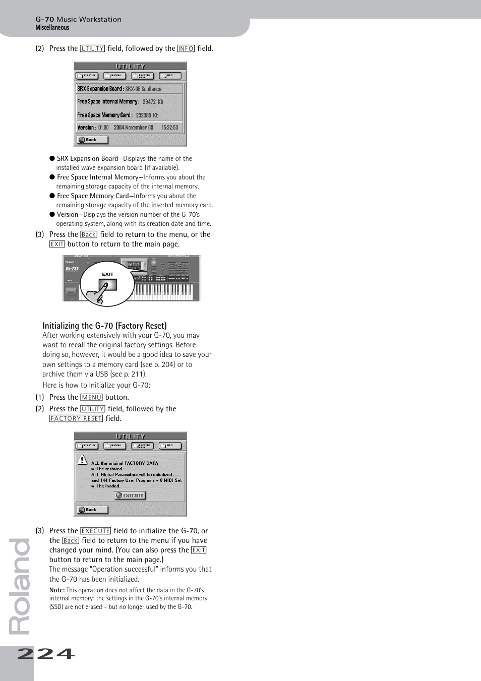 Initializing the g-70 (factory reset) | Roland G-70 User Manual | Page 224 / 260