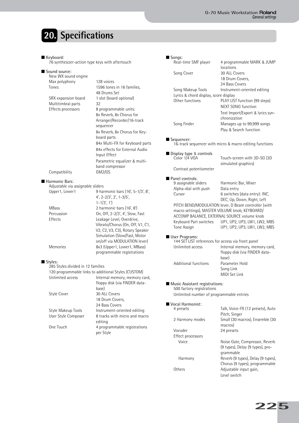 Specifications | Roland G-70 User Manual | Page 225 / 260