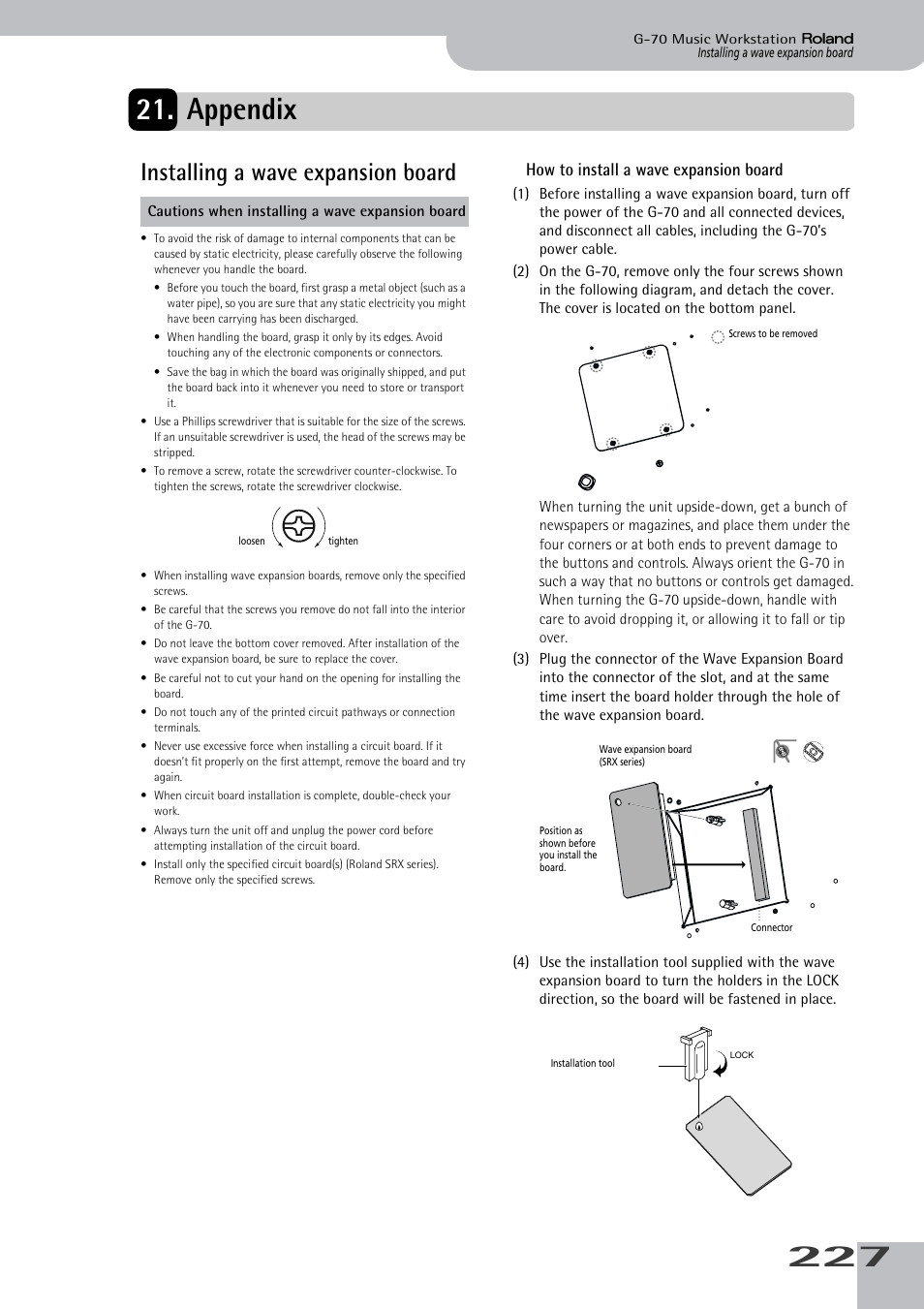 Appendix, Installing a wave expansion board, How to install a wave expansion board | Roland G-70 User Manual | Page 227 / 260