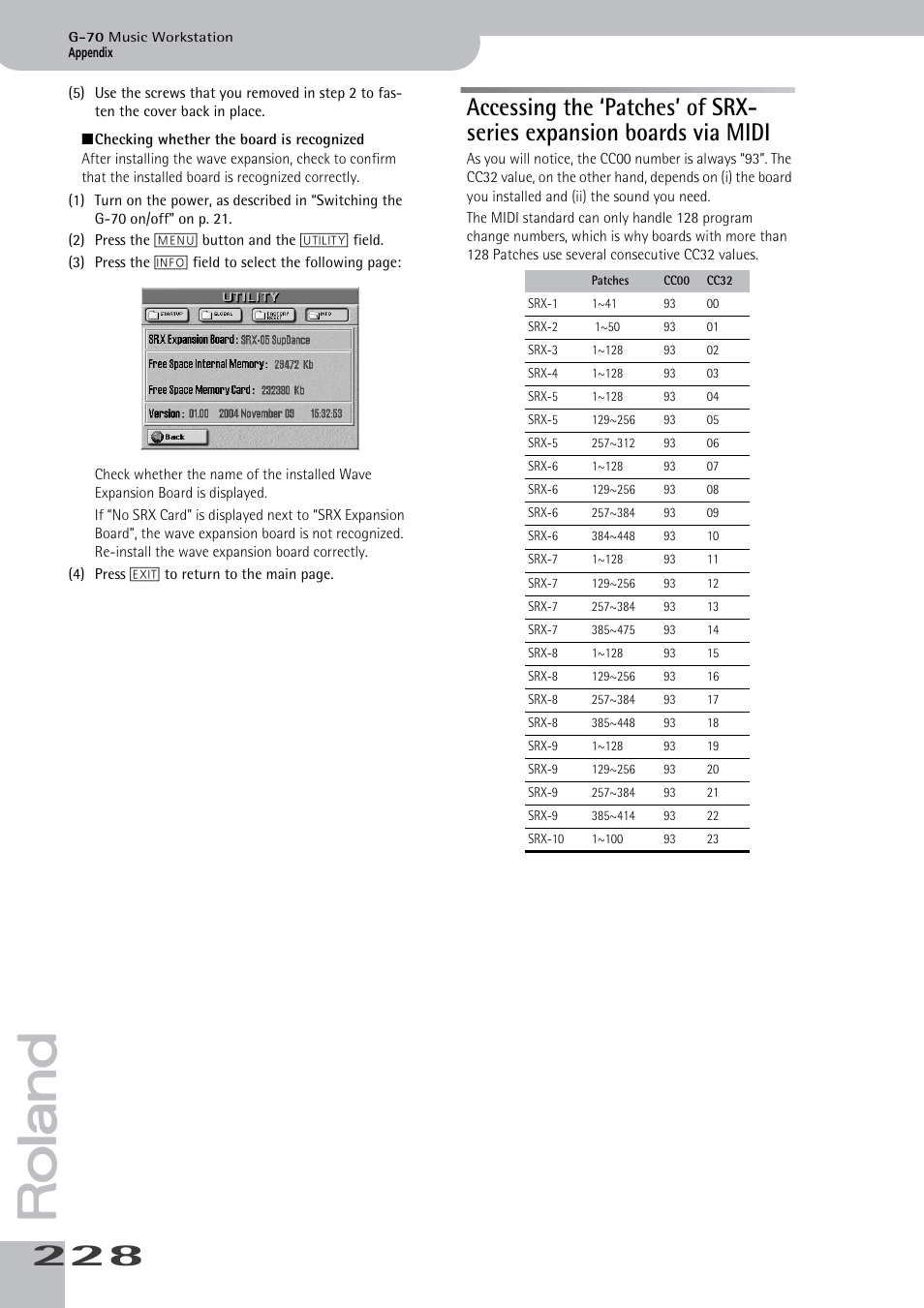 Accessing the ‘patches’ of srx-series expansion, Boards via midi | Roland G-70 User Manual | Page 228 / 260