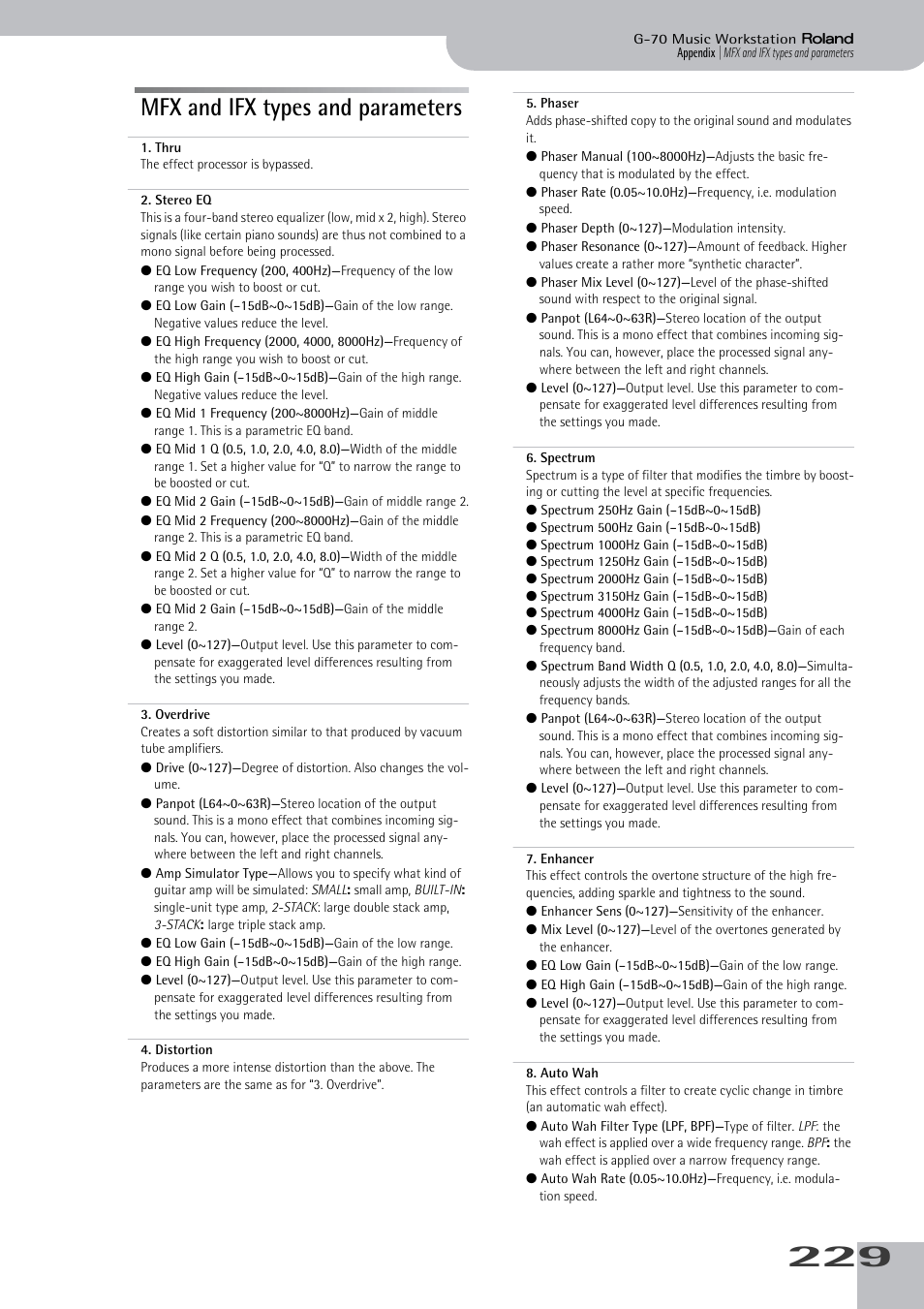 Mfx and ifx types and parameters | Roland G-70 User Manual | Page 229 / 260