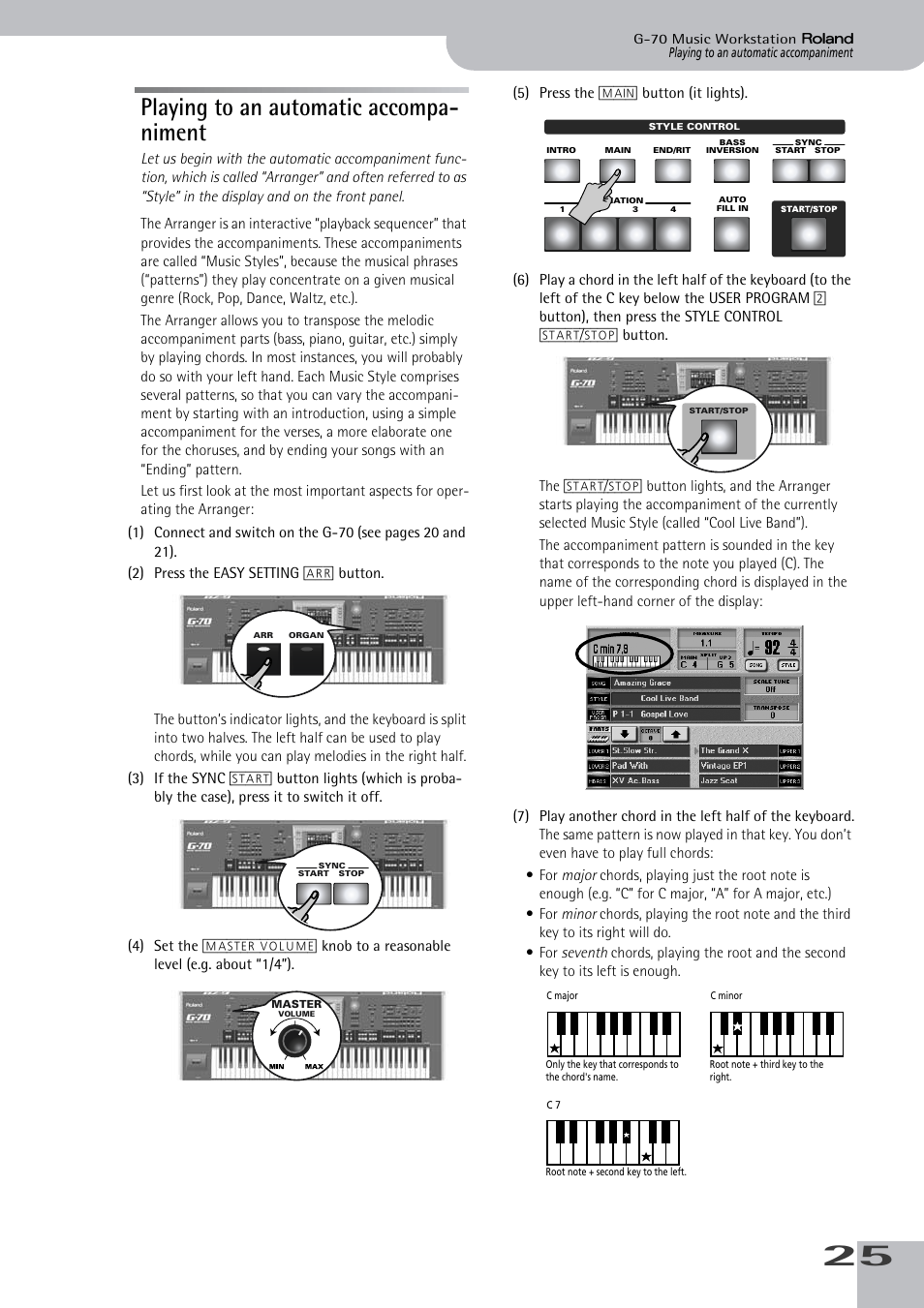 Playing to an automatic accompaniment, Playing to an automatic accompa- niment | Roland G-70 User Manual | Page 25 / 260