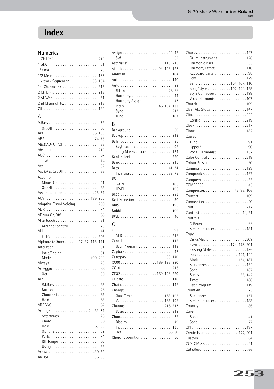 Index, 253 index, Numerics | Roland G-70 User Manual | Page 253 / 260