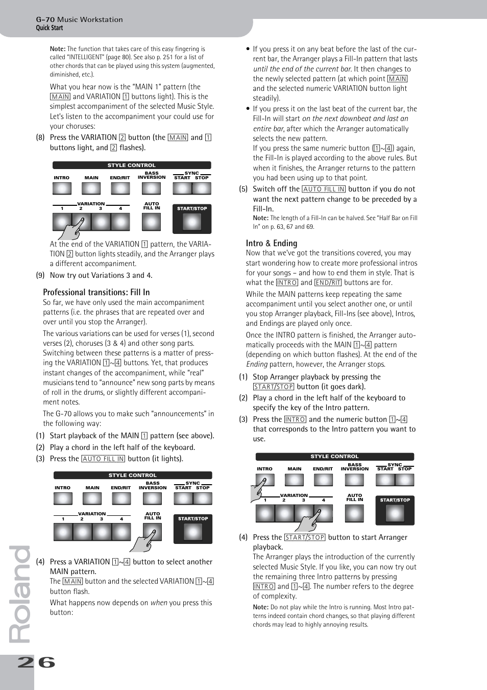 Professional transitions: fill in intro & ending, Professional transitions: fill in, Intro & ending | Roland G-70 User Manual | Page 26 / 260