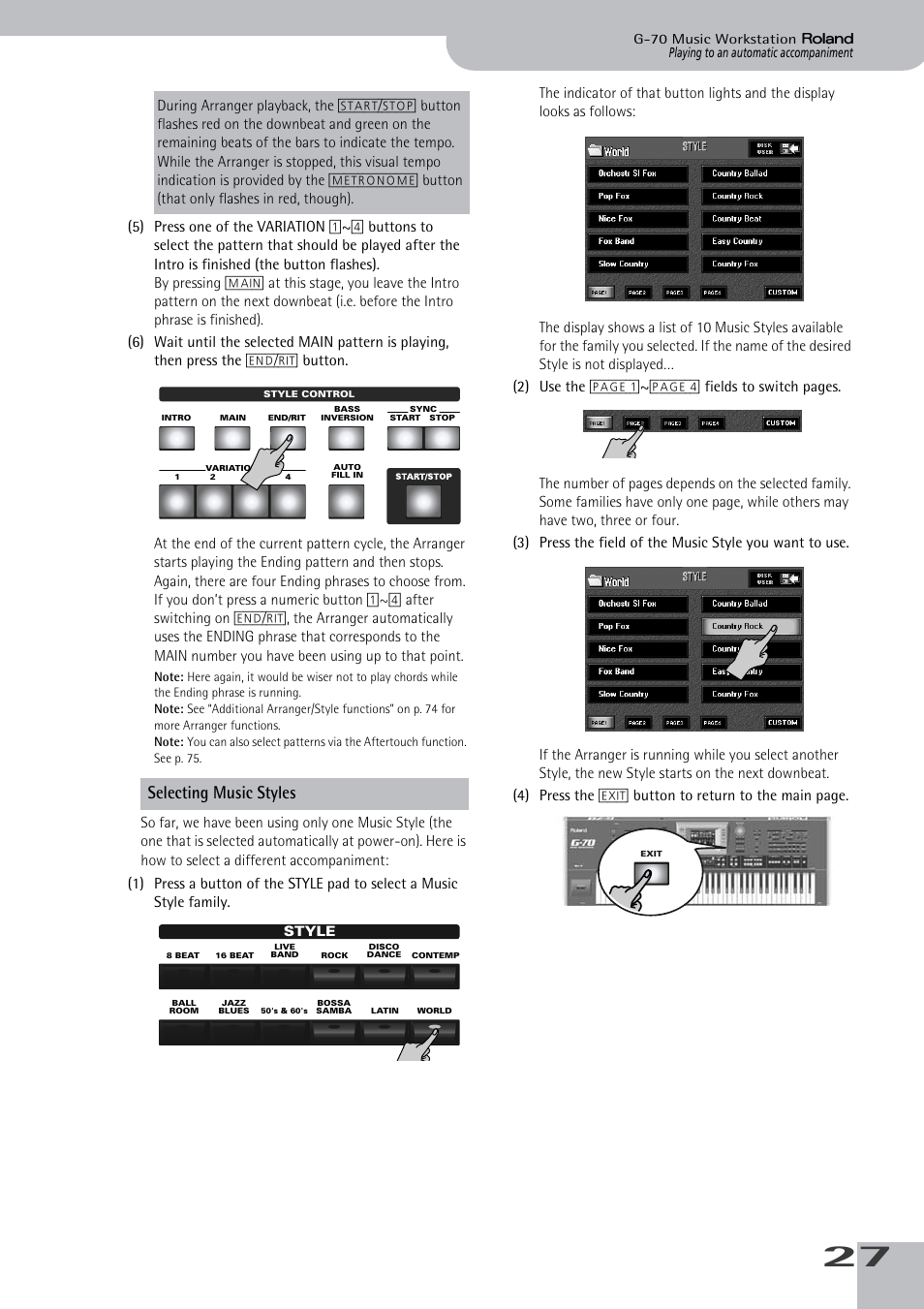 Selecting music styles | Roland G-70 User Manual | Page 27 / 260