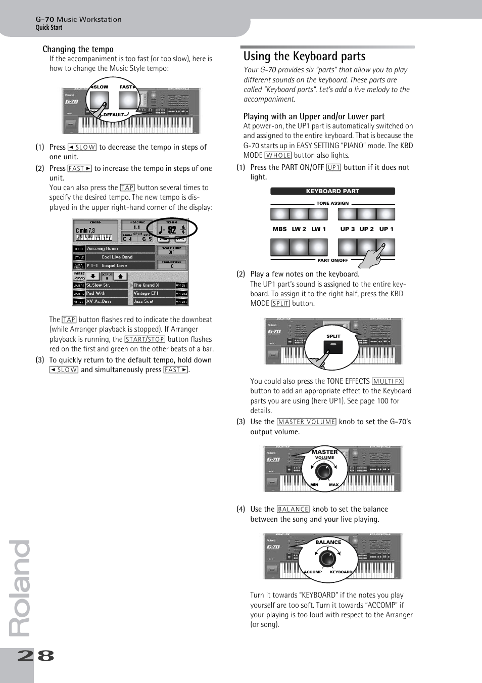Using the keyboard parts, Changing the tempo, Playing with an upper and/or lower part | Roland G-70 User Manual | Page 28 / 260