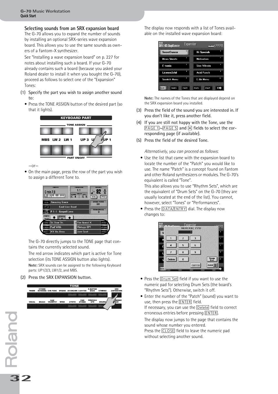 Selecting sounds from an srx expansion board | Roland G-70 User Manual | Page 32 / 260