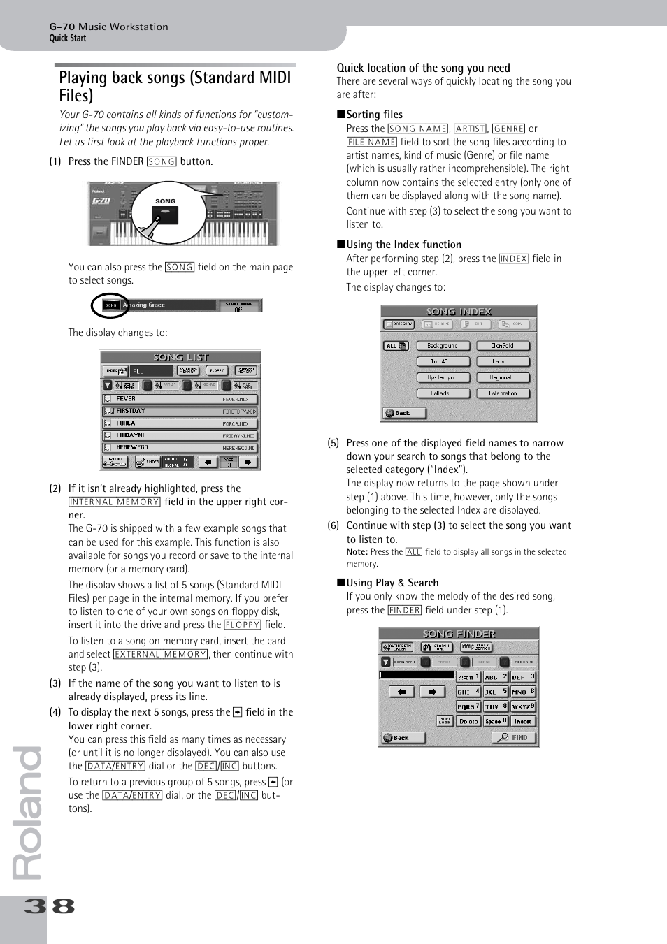 Playing back songs (standard midi files), Quick location of the song you need | Roland G-70 User Manual | Page 38 / 260