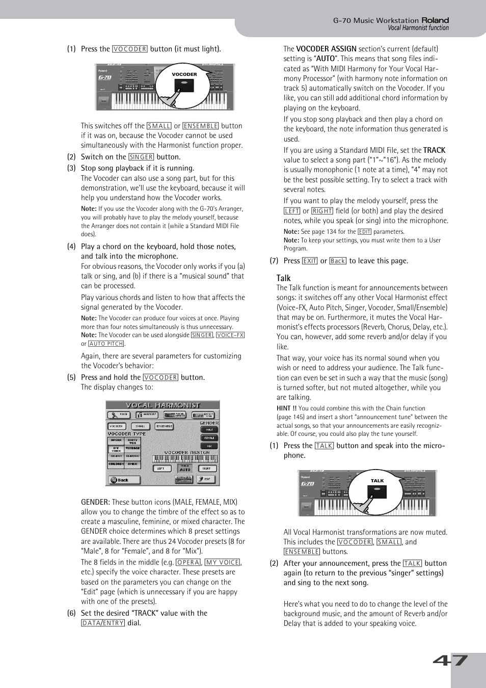 Talk | Roland G-70 User Manual | Page 47 / 260