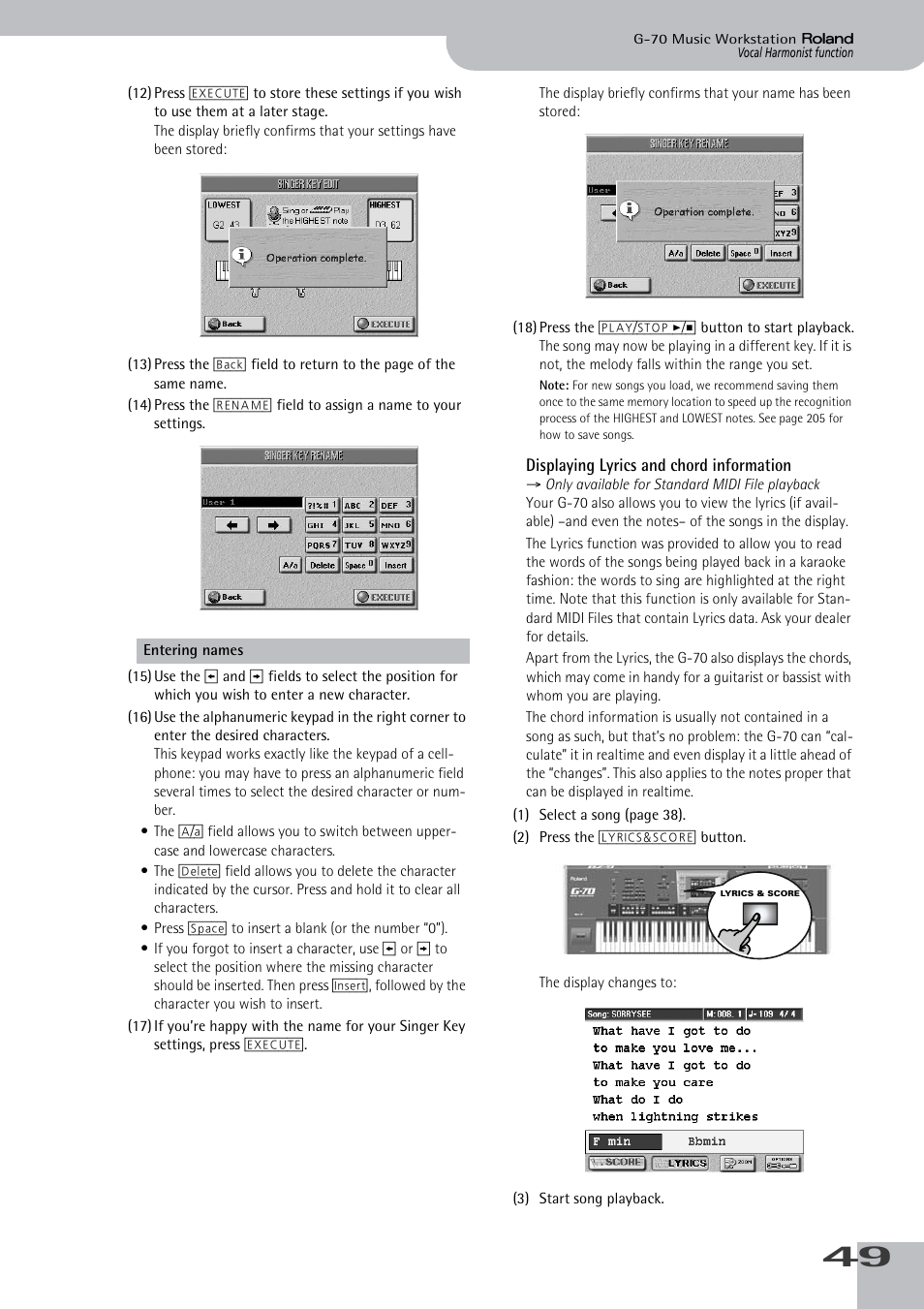 Displaying lyrics and chord information | Roland G-70 User Manual | Page 49 / 260