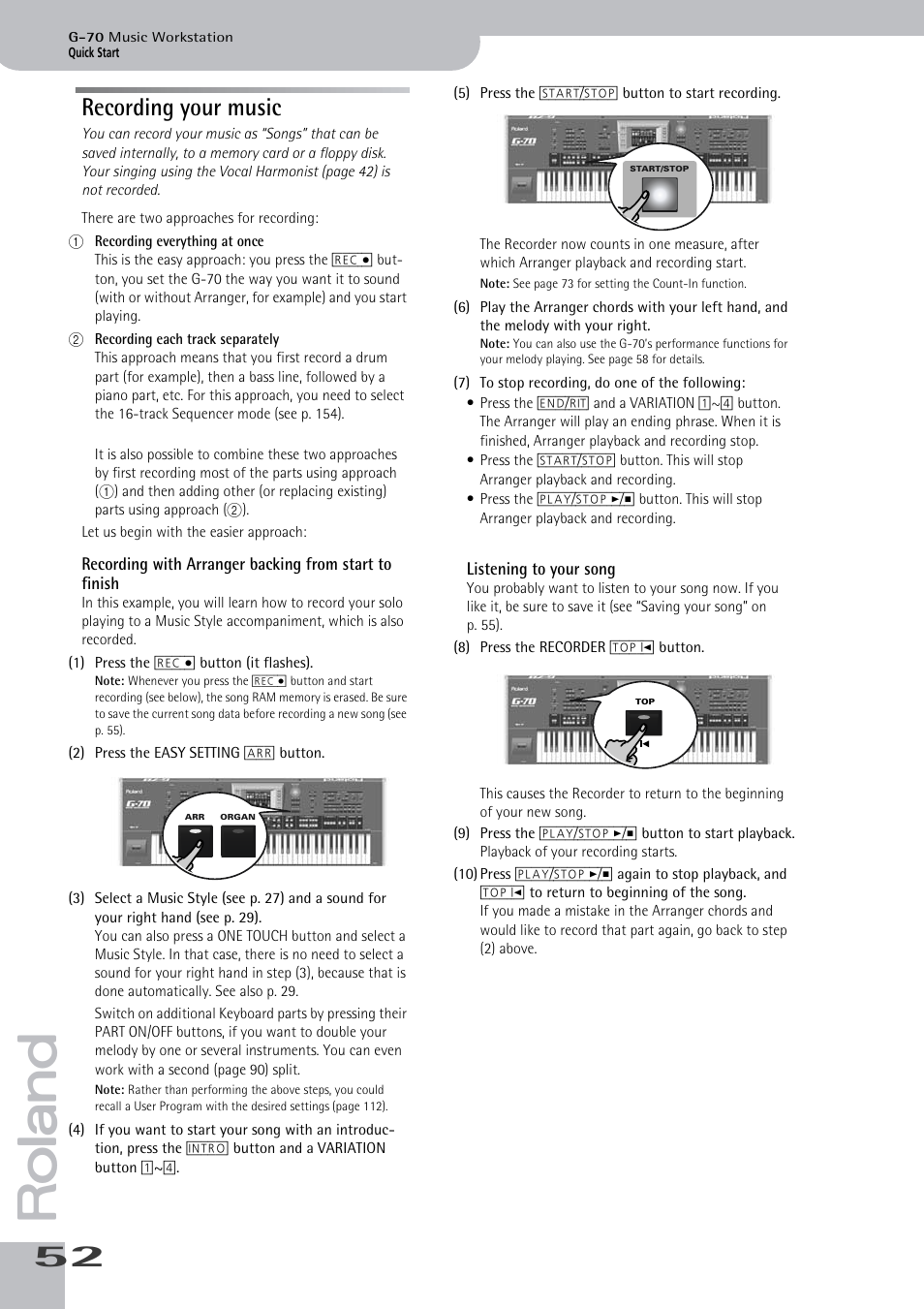 Recording your music, Button to record a new song (see p. 52) | Roland G-70 User Manual | Page 52 / 260