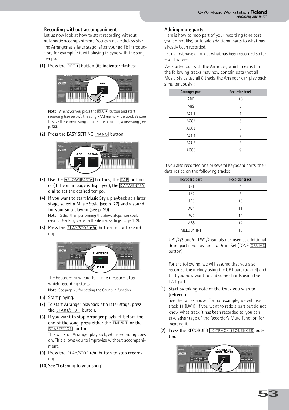 Recording without accompaniment adding more parts, Recording without accompaniment, Adding more parts | Roland G-70 User Manual | Page 53 / 260