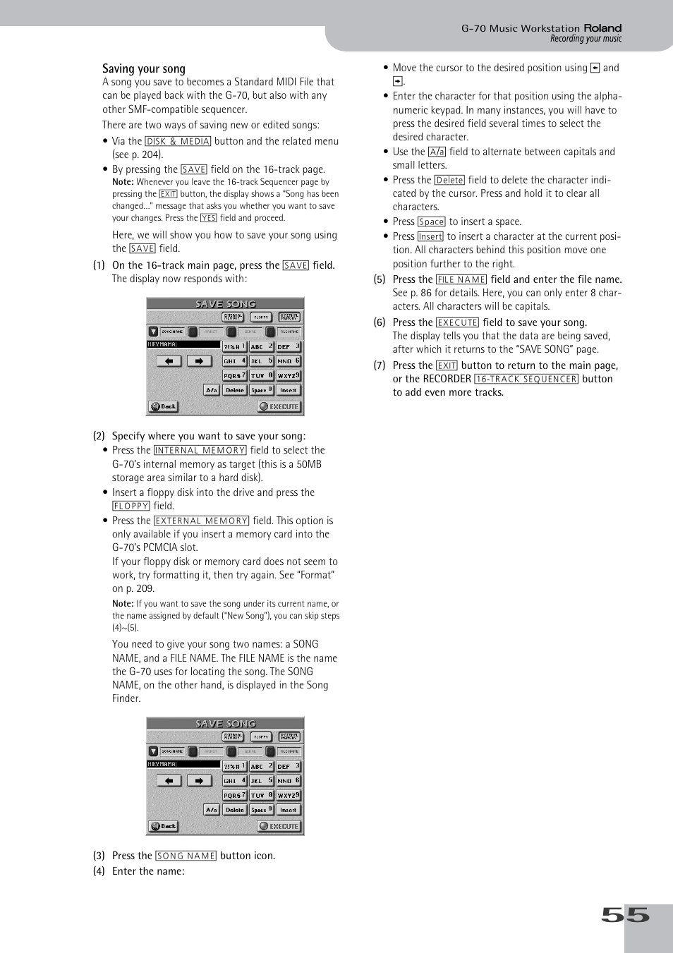 Saving your song, Song (see p. 55) | Roland G-70 User Manual | Page 55 / 260