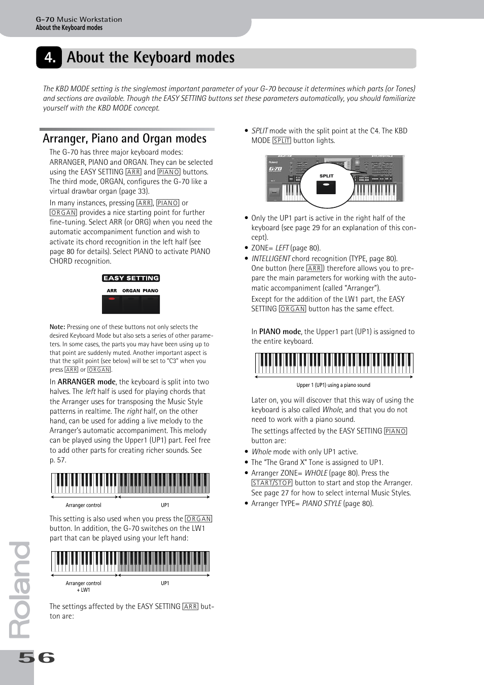 About the keyboard modes, Arranger, piano and organ modes | Roland G-70 User Manual | Page 56 / 260