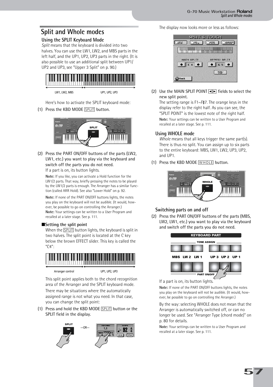 Split and whole modes, P. 57, Using the split keyboard mode | Using whole mode, Switching parts on and off | Roland G-70 User Manual | Page 57 / 260