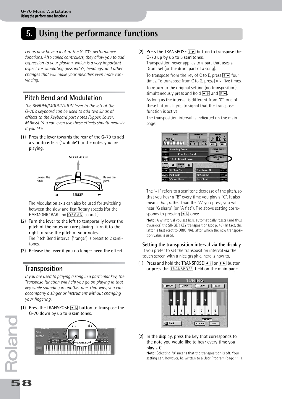 Using the performance functions, Pitch bend and modulation, Transposition | Pitch bend and modulation transposition, Setting the transposition interval via the display | Roland G-70 User Manual | Page 58 / 260