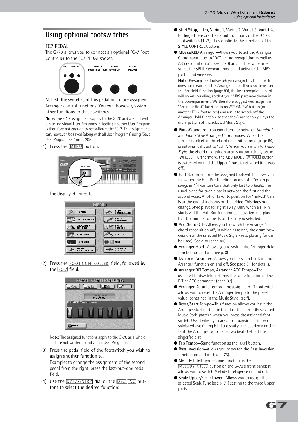 Using optional footswitches, Fc7 pedal | Roland G-70 User Manual | Page 67 / 260