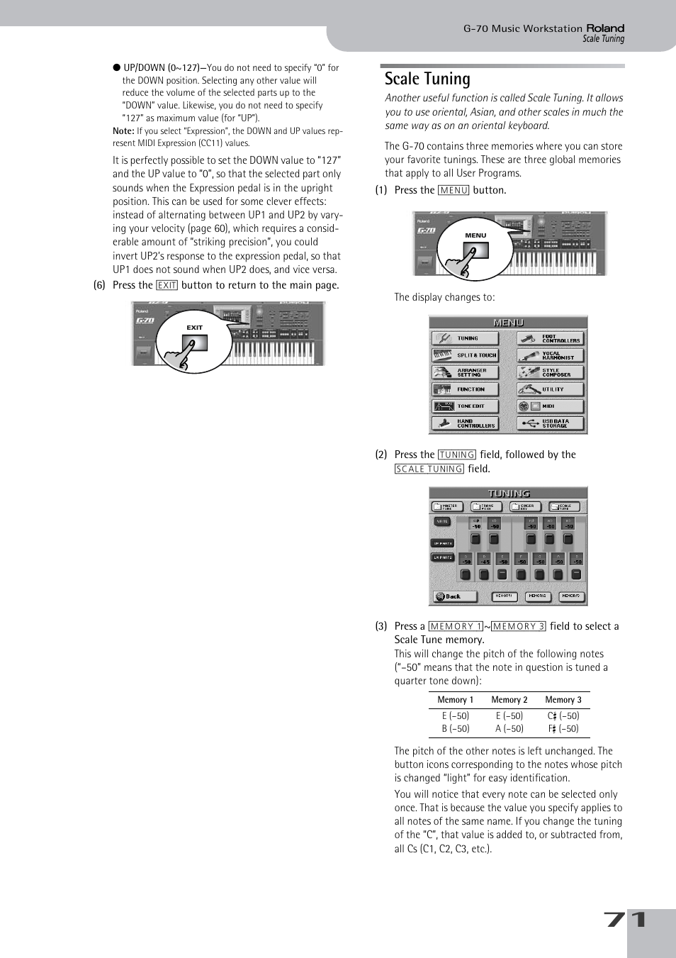 Scale tuning, Tune (see p. 71) setting to the three upper parts, Tune (see p. 71) setting to the three lower parts | Roland G-70 User Manual | Page 71 / 260