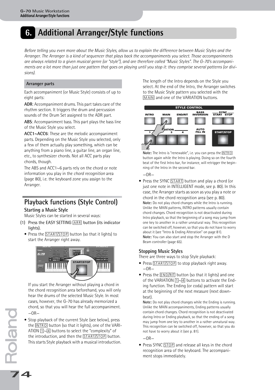 Additional arranger/style functions, Playback functions (stylecontrol), Playback functions (style control) | Starting a music style stopping music styles, See p. 74 for the arranger parts.) | Roland G-70 User Manual | Page 74 / 260