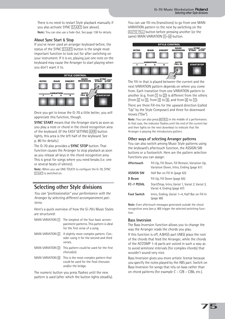 Selecting other style divisions, About sync start & stop, Other ways of selecting arranger patterns | Bass inversion | Roland G-70 User Manual | Page 75 / 260