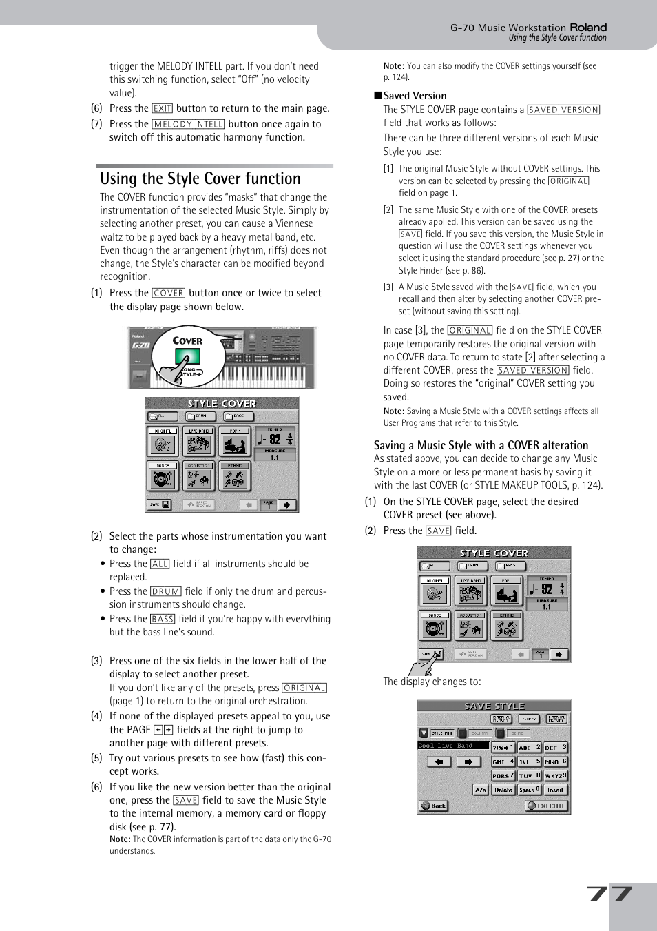 Using the style cover function, Saving a music style with a cover alteration | Roland G-70 User Manual | Page 77 / 260