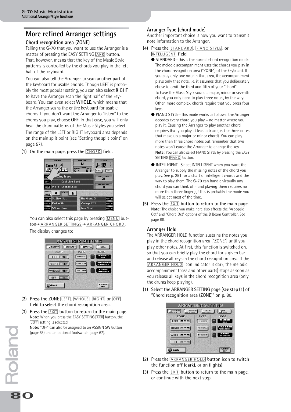 More refined arranger settings, Function on and off. see p. 80, See p. 80) | Chord in the chord recognition area (see p. 80), P. 80 for details.), See p. 80) trigger the selected switching func | Roland G-70 User Manual | Page 80 / 260