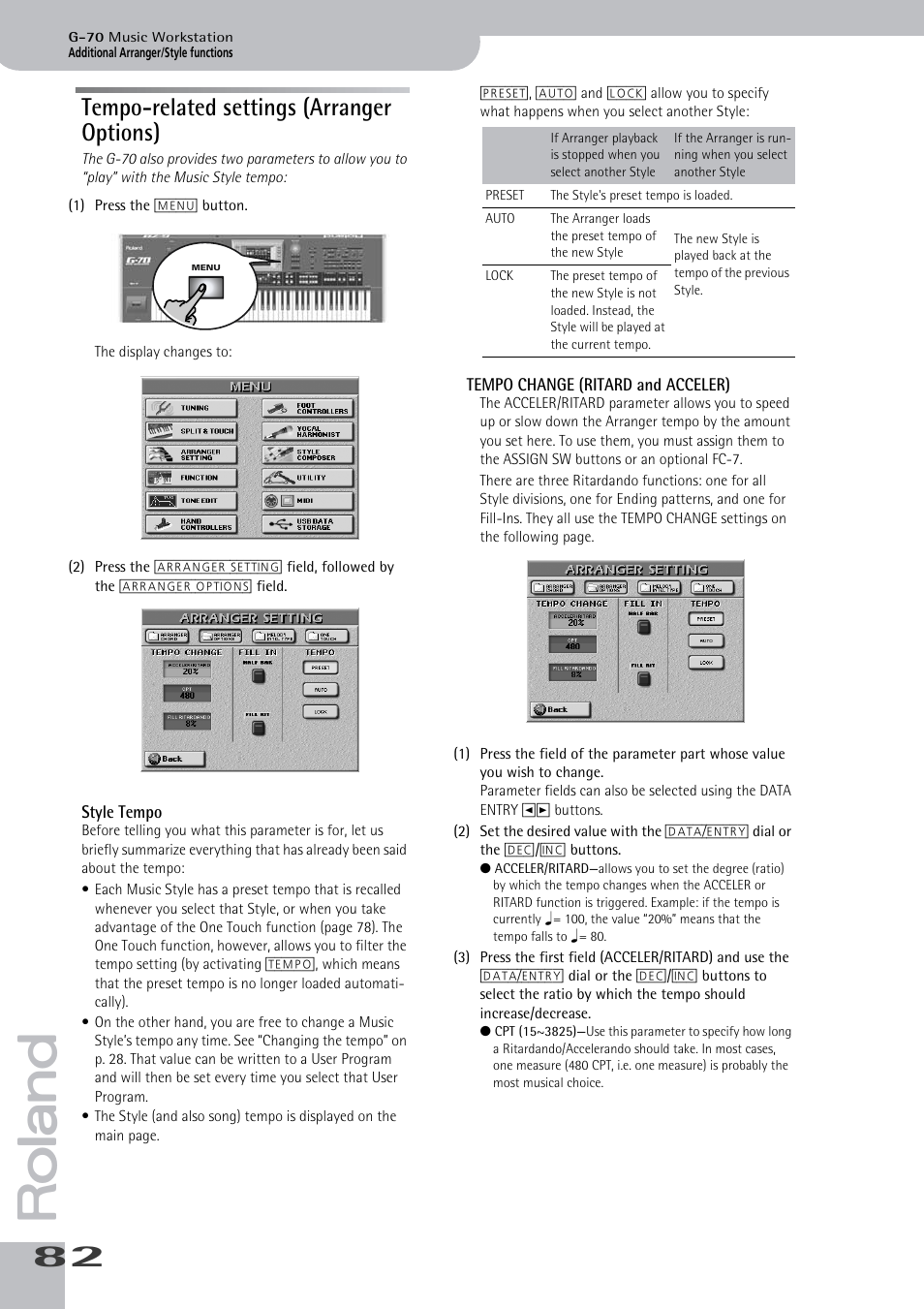 Tempo-related settings (arranger options), Style tempo tempo change (ritard and acceler) | Roland G-70 User Manual | Page 82 / 260