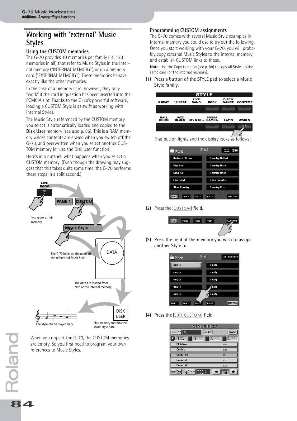 Working with ‘external’ music styles, Memory (see p. 84), Programming custom assignments | Roland G-70 User Manual | Page 84 / 260