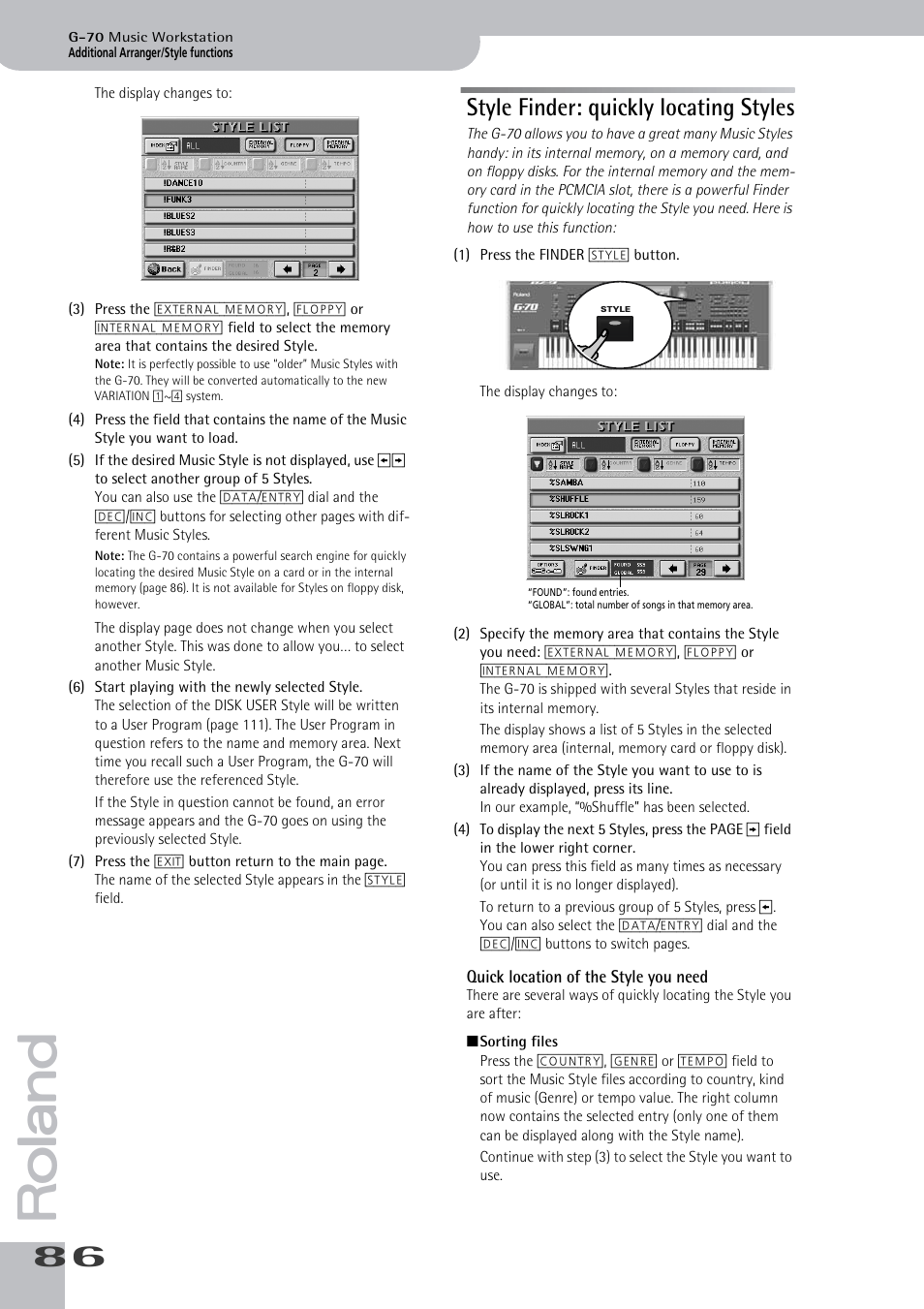 Style finder: quickly locating styles, Quick location of the style you need, Style finder (see p. 86) | Roland G-70 User Manual | Page 86 / 260