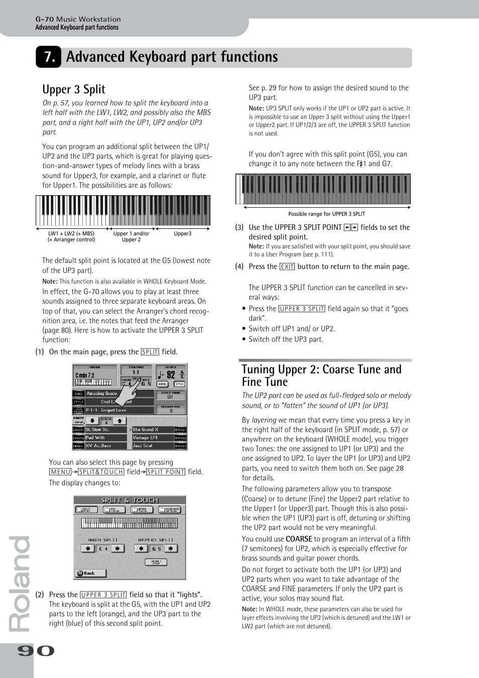 Advanced keyboard part functions, Upper 3 split, Tuning upper 2: coarse tune and fine tune | An additional split combination (see p. 90), Up2 and up3, see “upper 3 split” on p. 90.) | Roland G-70 User Manual | Page 90 / 260