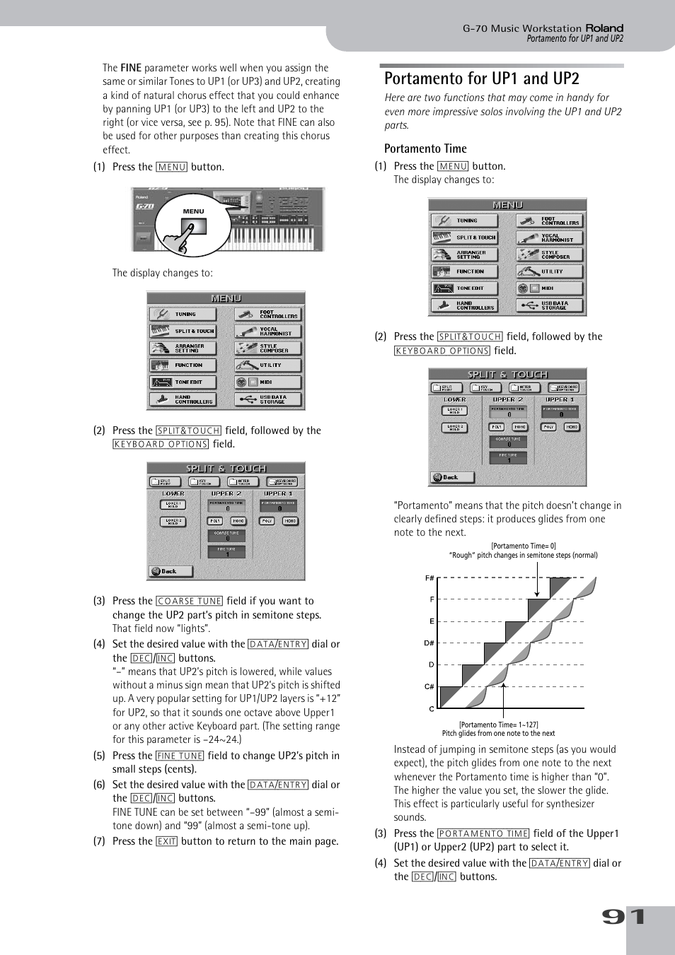 Portamento for up1 and up2, Portamento time | Roland G-70 User Manual | Page 91 / 260