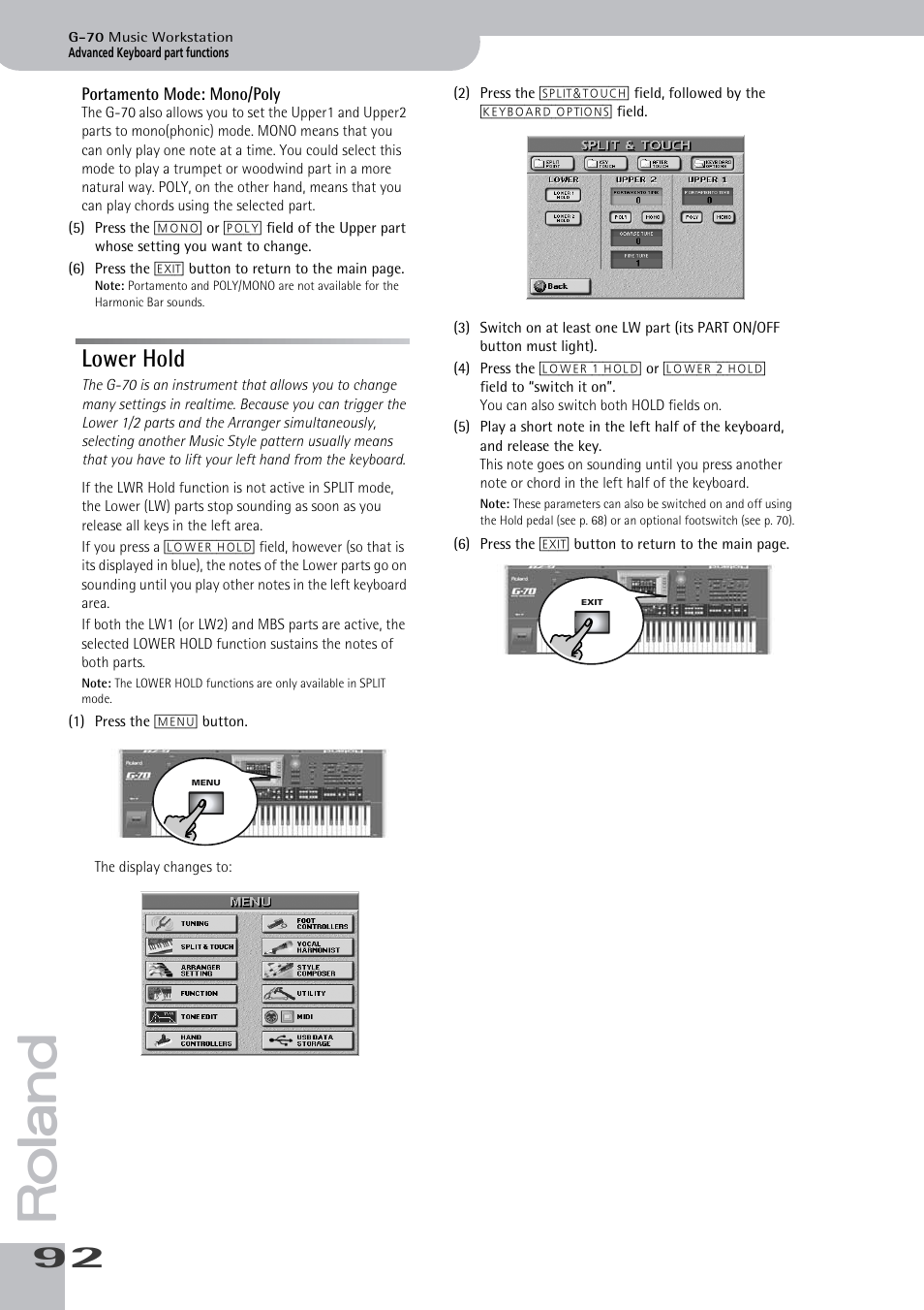 Lower hold, Portamento mode: mono/poly, Lower 1 hold function (see also p. 92) | Lower 2 hold function (see also p. 92) | Roland G-70 User Manual | Page 92 / 260