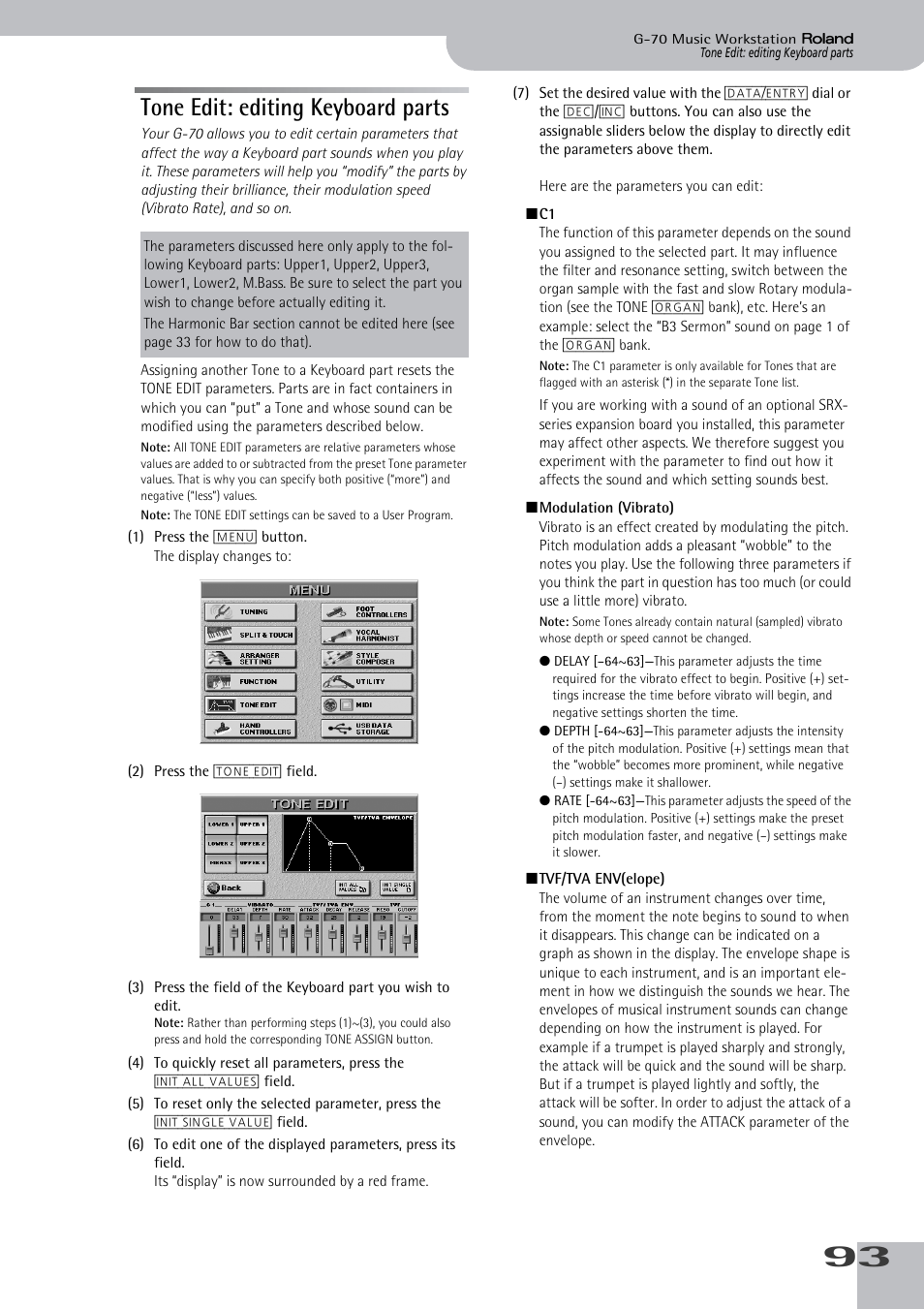 Tone edit: editing keyboard parts | Roland G-70 User Manual | Page 93 / 260