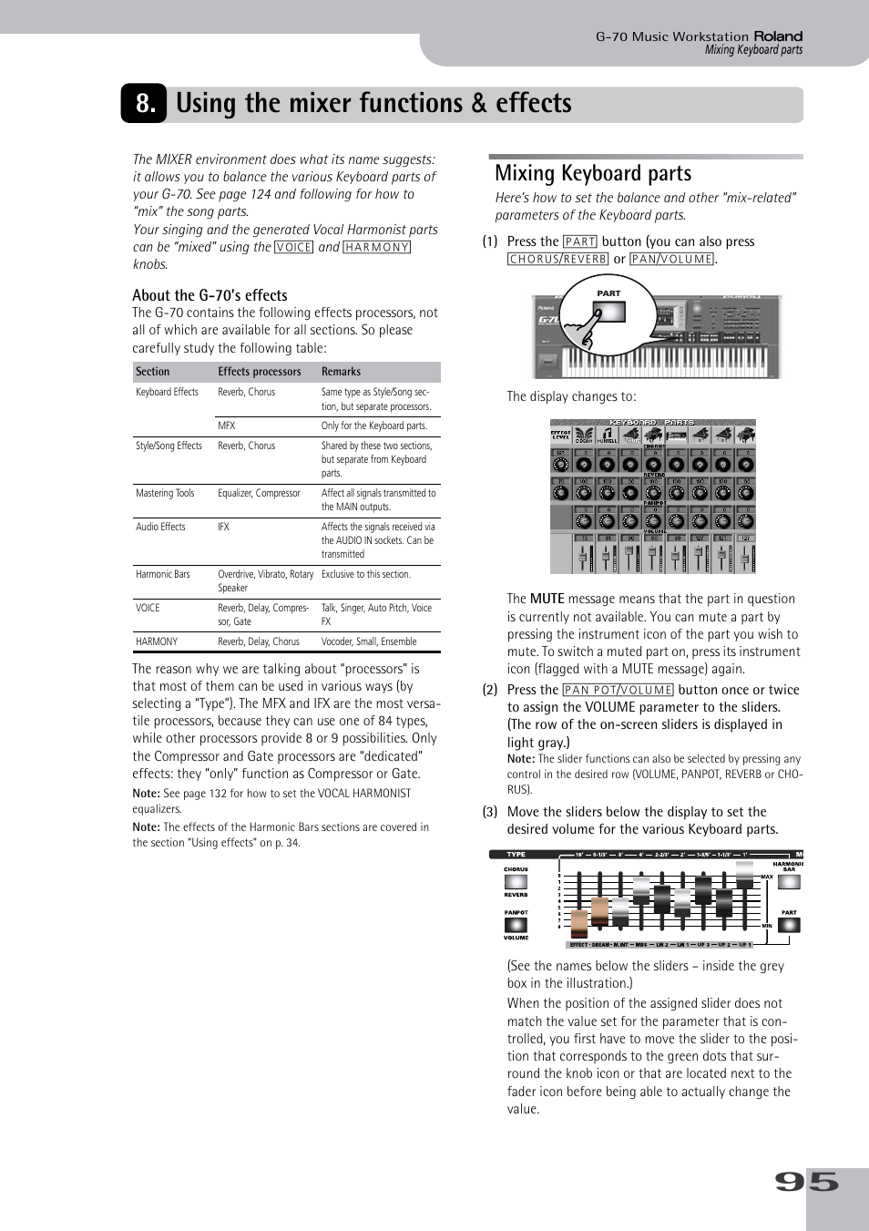 Using the mixer functions & effects, Mixing keyboard parts, 95 8. using the mixer functions & effects | Roland G-70 User Manual | Page 95 / 260