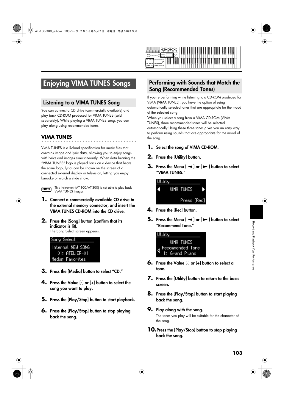 Enjoying vima tunes songs, Listening to a vima tunes song | Roland ATELIER AT-300 User Manual | Page 105 / 148