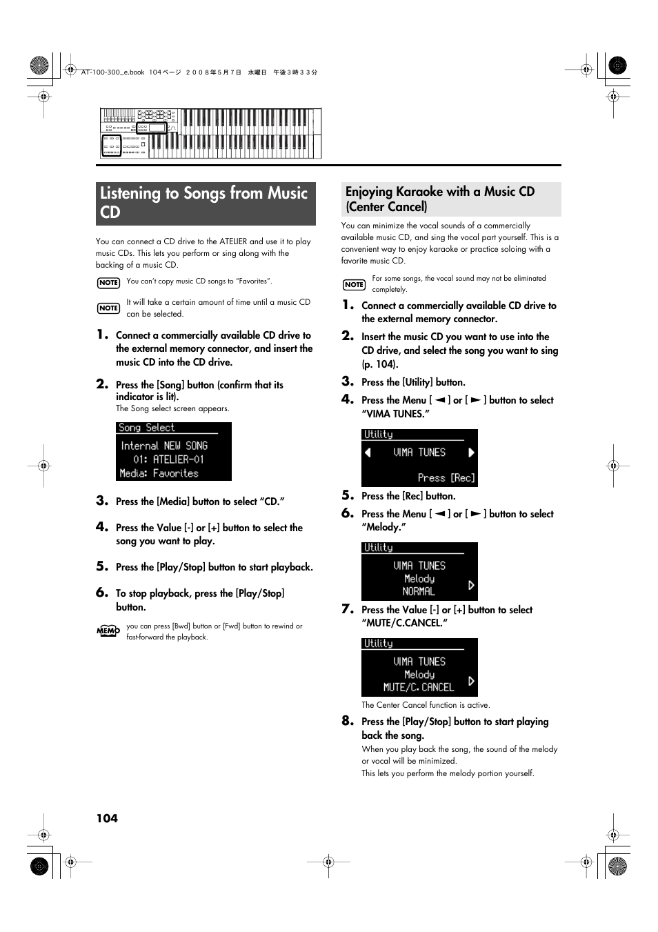 Listening to songs from music cd, Enjoying karaoke with a music cd (center cancel) | Roland ATELIER AT-300 User Manual | Page 106 / 148