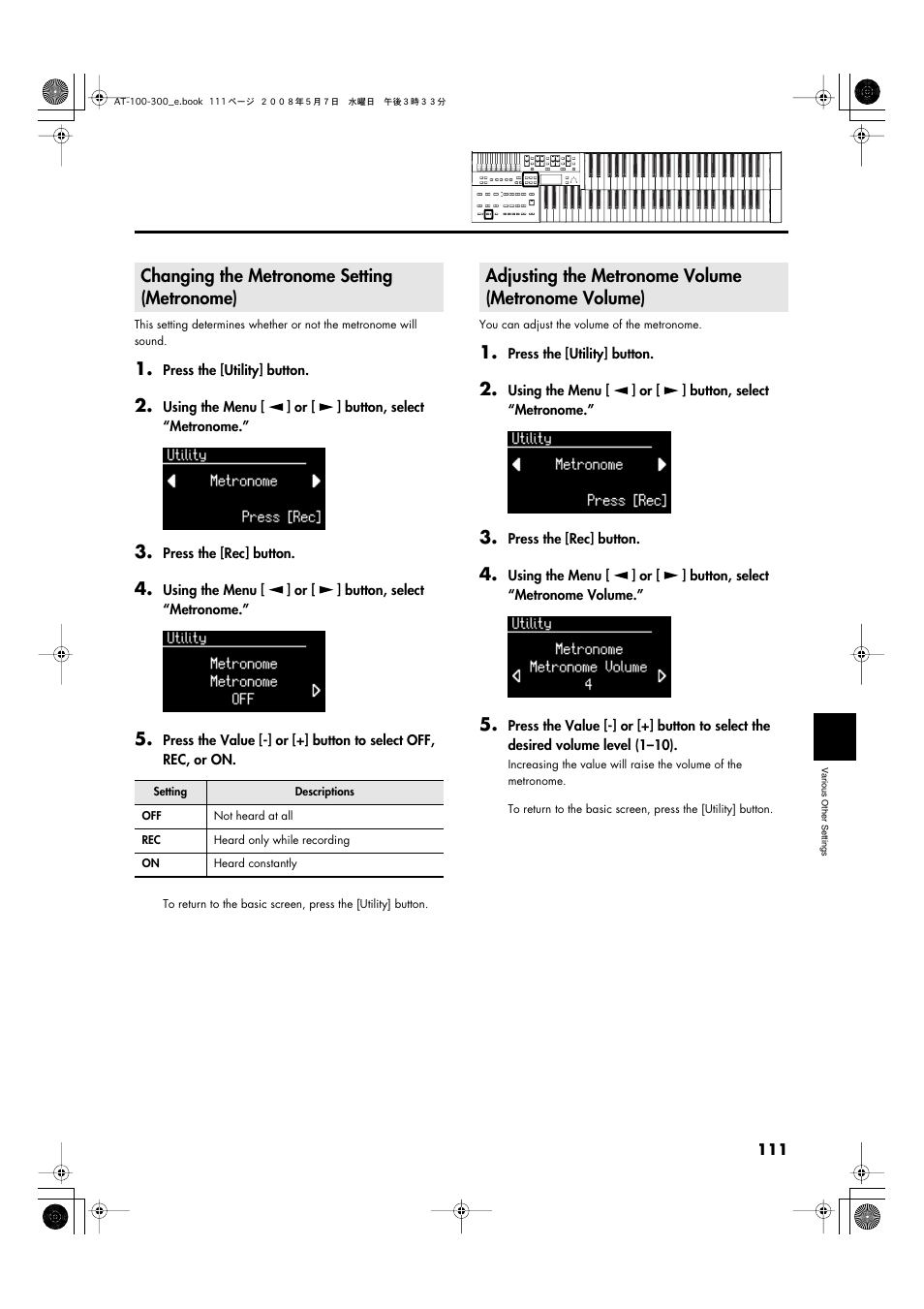 Changing the metronome setting (metronome), Adjusting the metronome volume (metronome volume) | Roland ATELIER AT-300 User Manual | Page 113 / 148