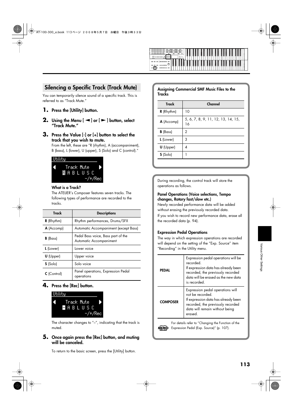 Silencing a specific track (track mute), Expression pedal and panel controls) (p. 113) | Roland ATELIER AT-300 User Manual | Page 115 / 148