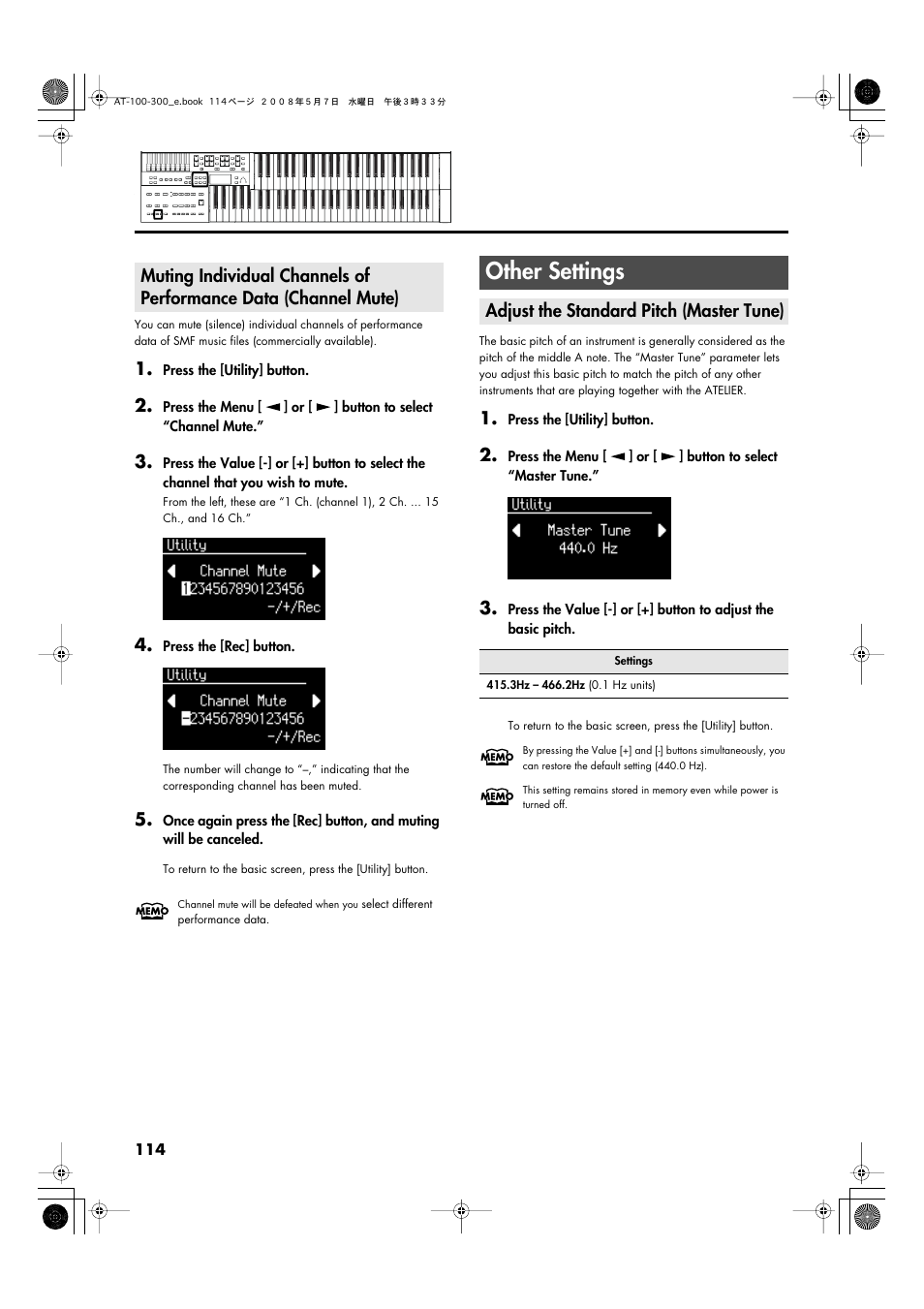 Other settings, Adjust the standard pitch (master tune) | Roland ATELIER AT-300 User Manual | Page 116 / 148