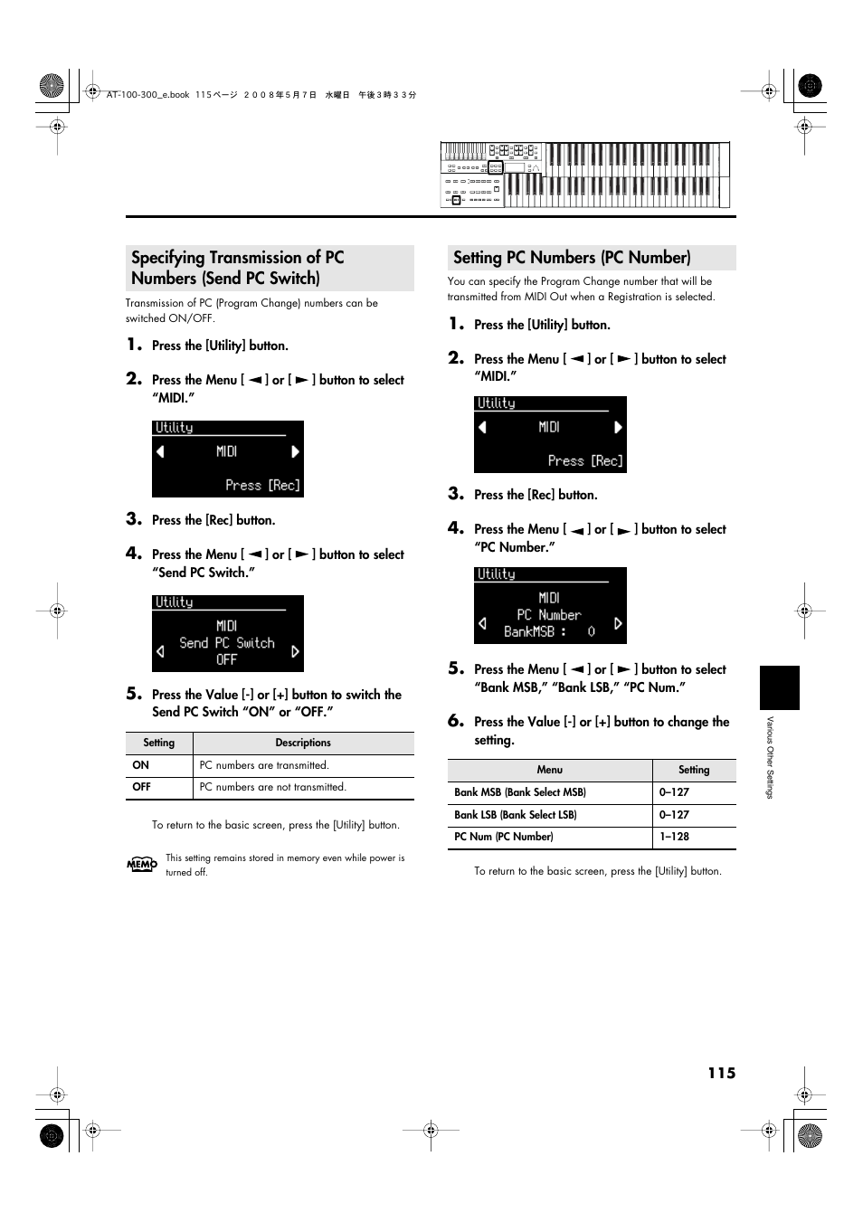 Setting pc numbers (pc number) | Roland ATELIER AT-300 User Manual | Page 117 / 148