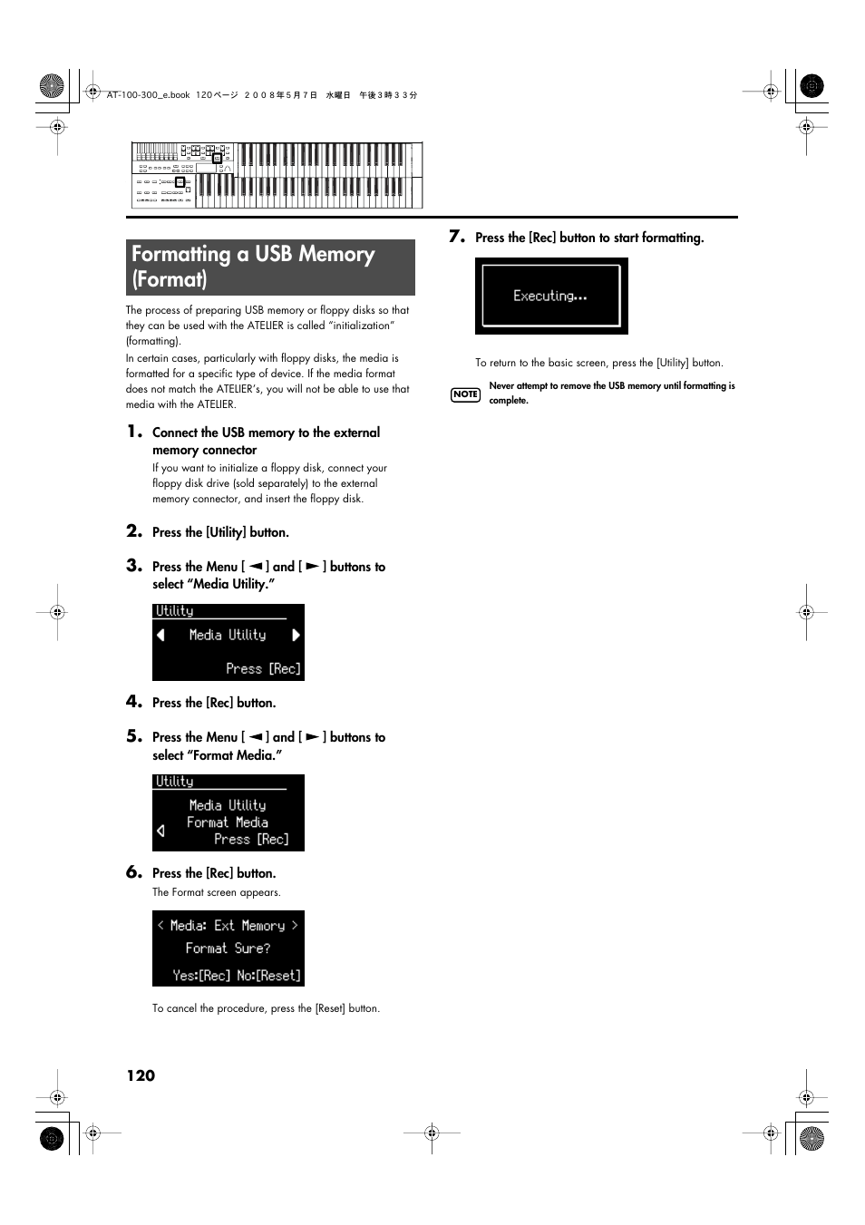 Formatting a usb memory (format), Formatting a usb memory (format)” (p. 120) | Roland ATELIER AT-300 User Manual | Page 122 / 148