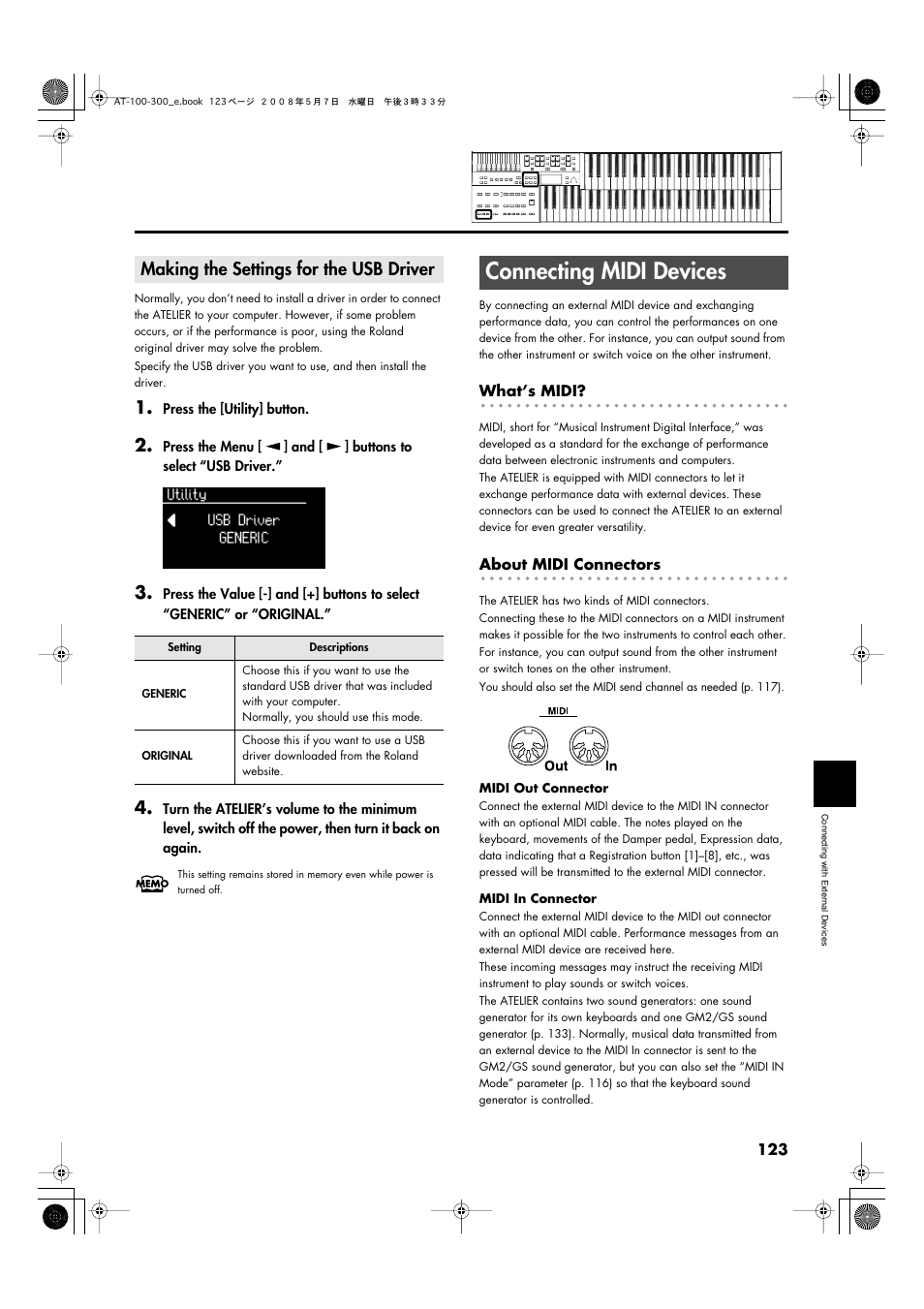 Making the settings for the usb driver, Connecting midi devices, P. 123 | Roland ATELIER AT-300 User Manual | Page 125 / 148